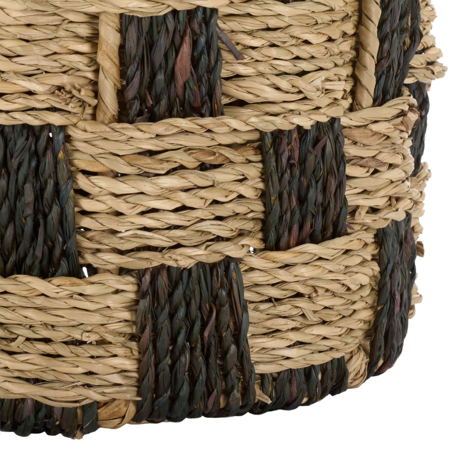 Thick natural seagrass bands cross dark woven strands down to the basket's bound base || STG1824A || detail_studio