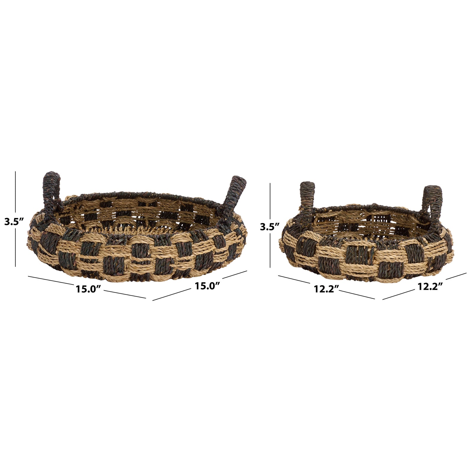 Two handled seagrass baskets measure 15 and 12.2 inches across and 3.5 inches high || STG1825A-SET2 || dimension_studio