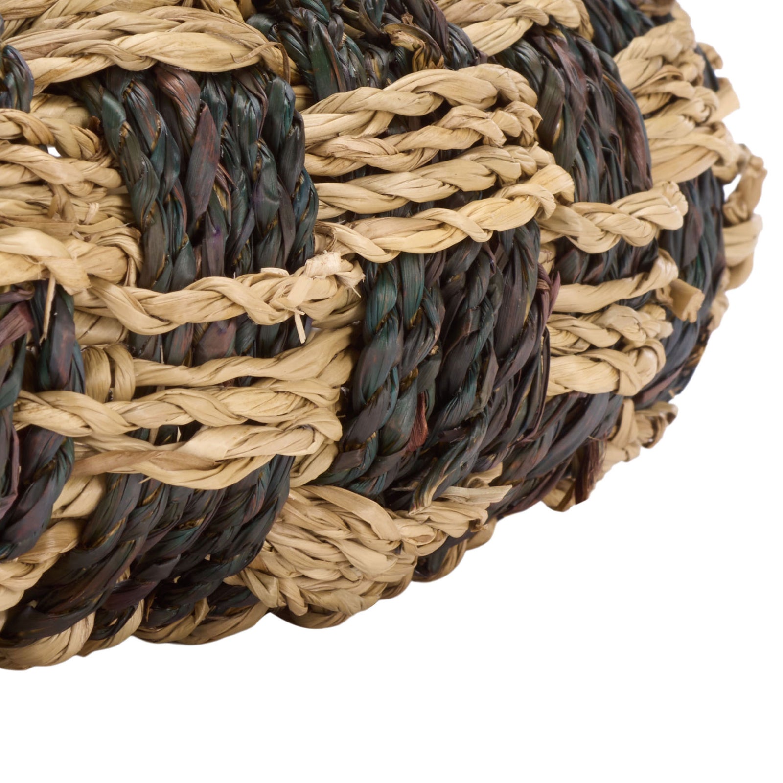 Braided natural strands cross dark seagrass along the basket's rounded lower edge || STG1825A-SET2 || detail_studio