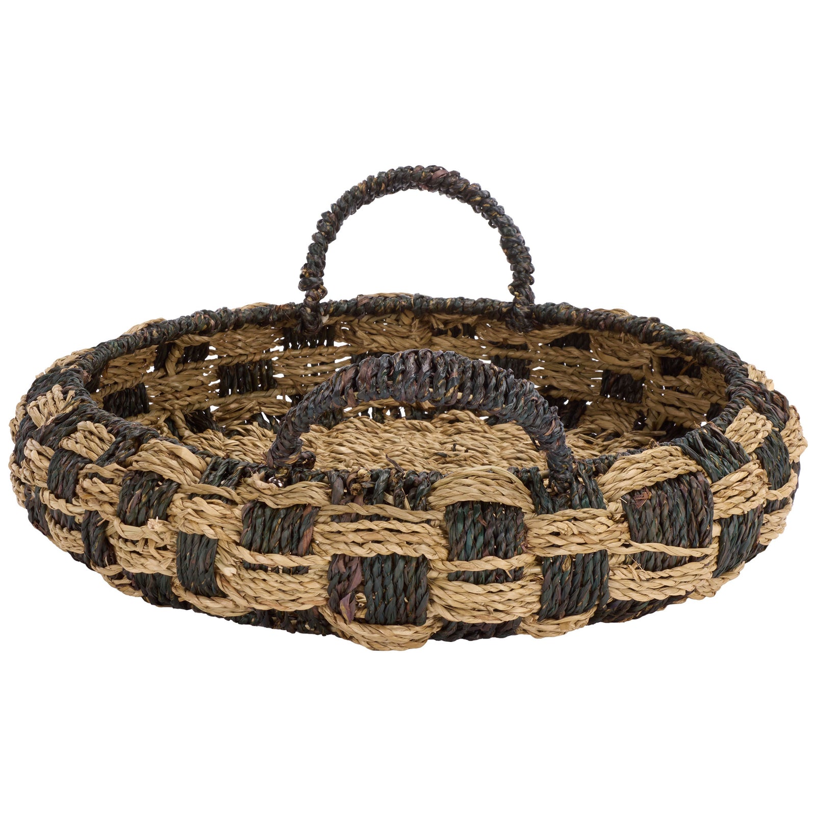 Two dark loop handles frame the round basket's textured seagrass walls and woven base || STG1825A-SET2 || side_partial_studio