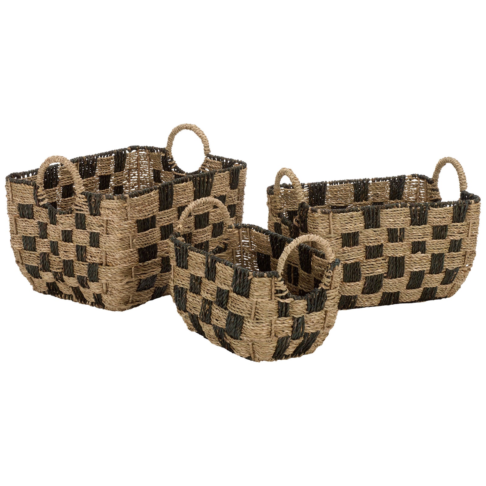 Three coordinating seagrass baskets combine checkerboard weaving and loop handles in graduated sizes. || STG1826A-SET3 || front_angle_studio