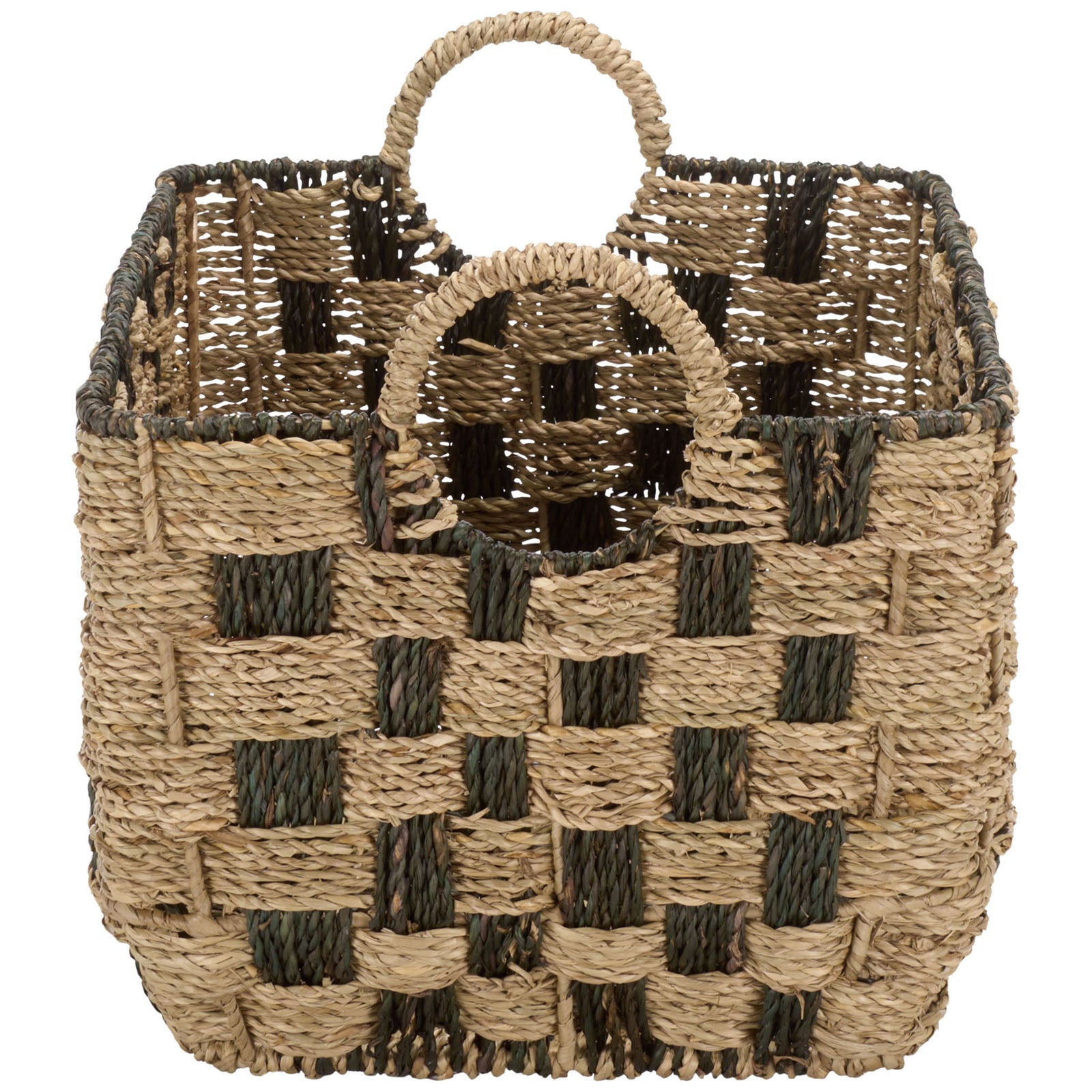 A wrapped loop handle tops the gently curved end of a two-tone seagrass basket. || STG1826A-SET3 || side_partial_studio