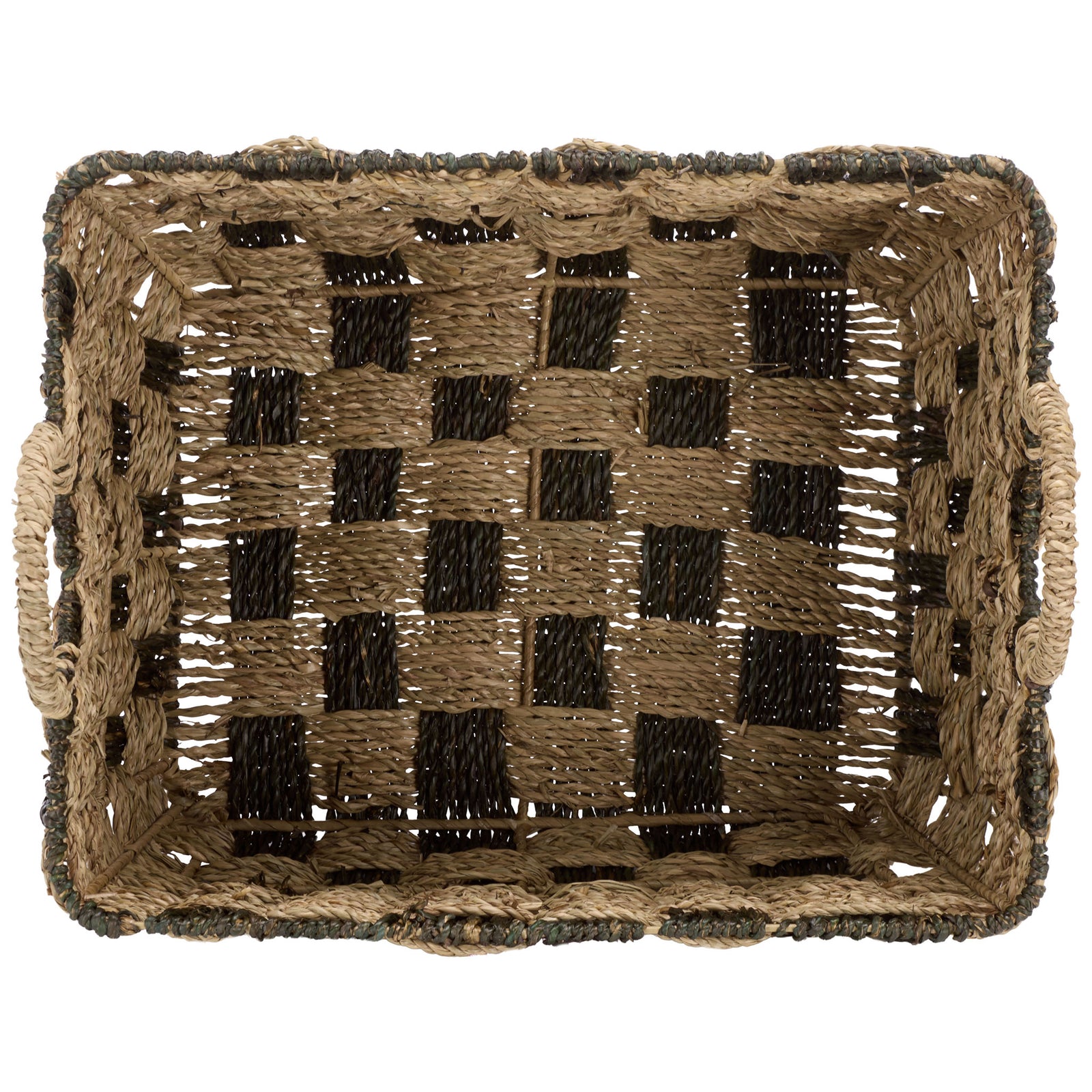 An open basket reveals a checkerboard woven base framed by tall sides and wrapped loop handles. || STG1826A-SET3 || top_partial_studio