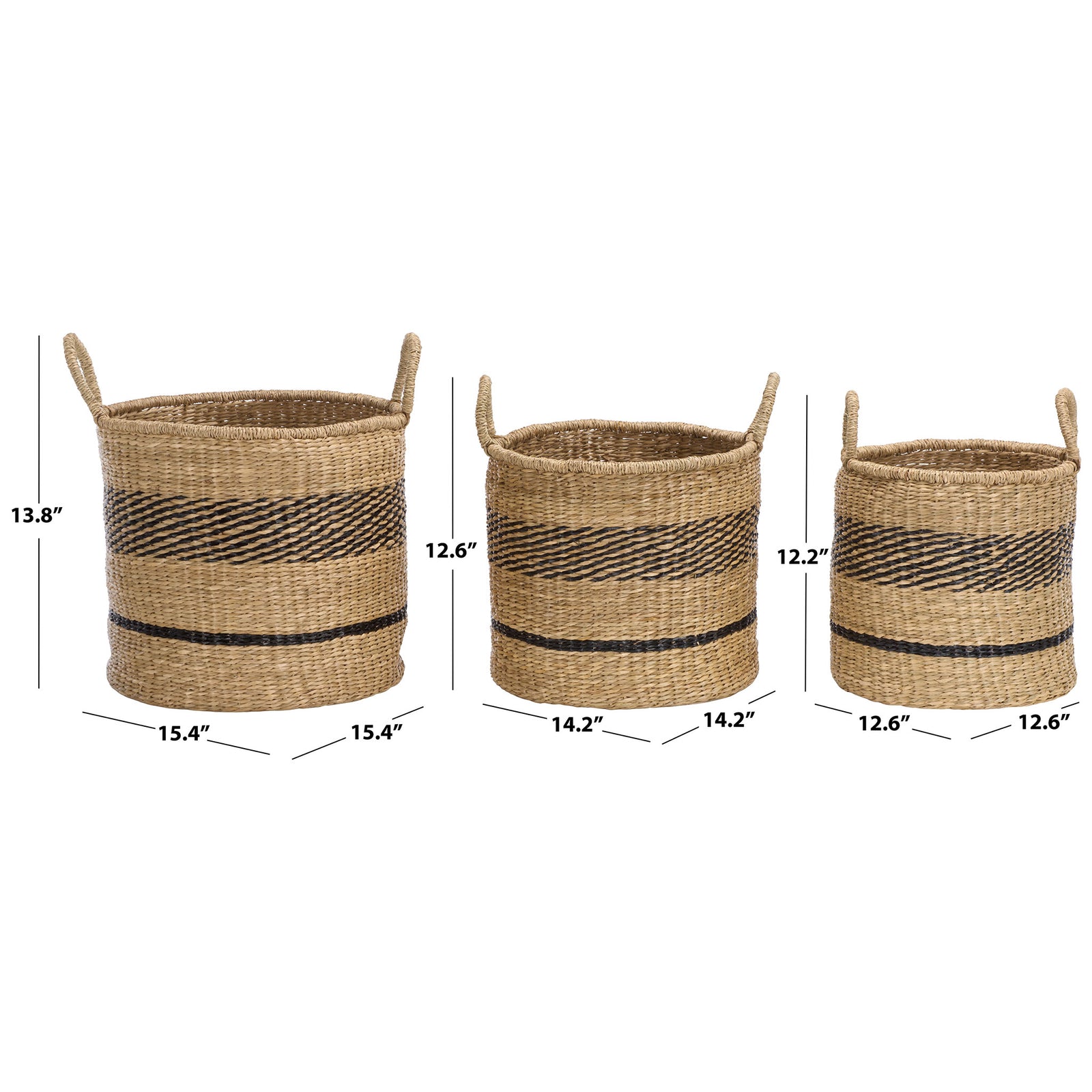 Three graduated seagrass baskets range from 12.6 to 15.4 inches wide. || STG1827A-SET3 || dimension_studio