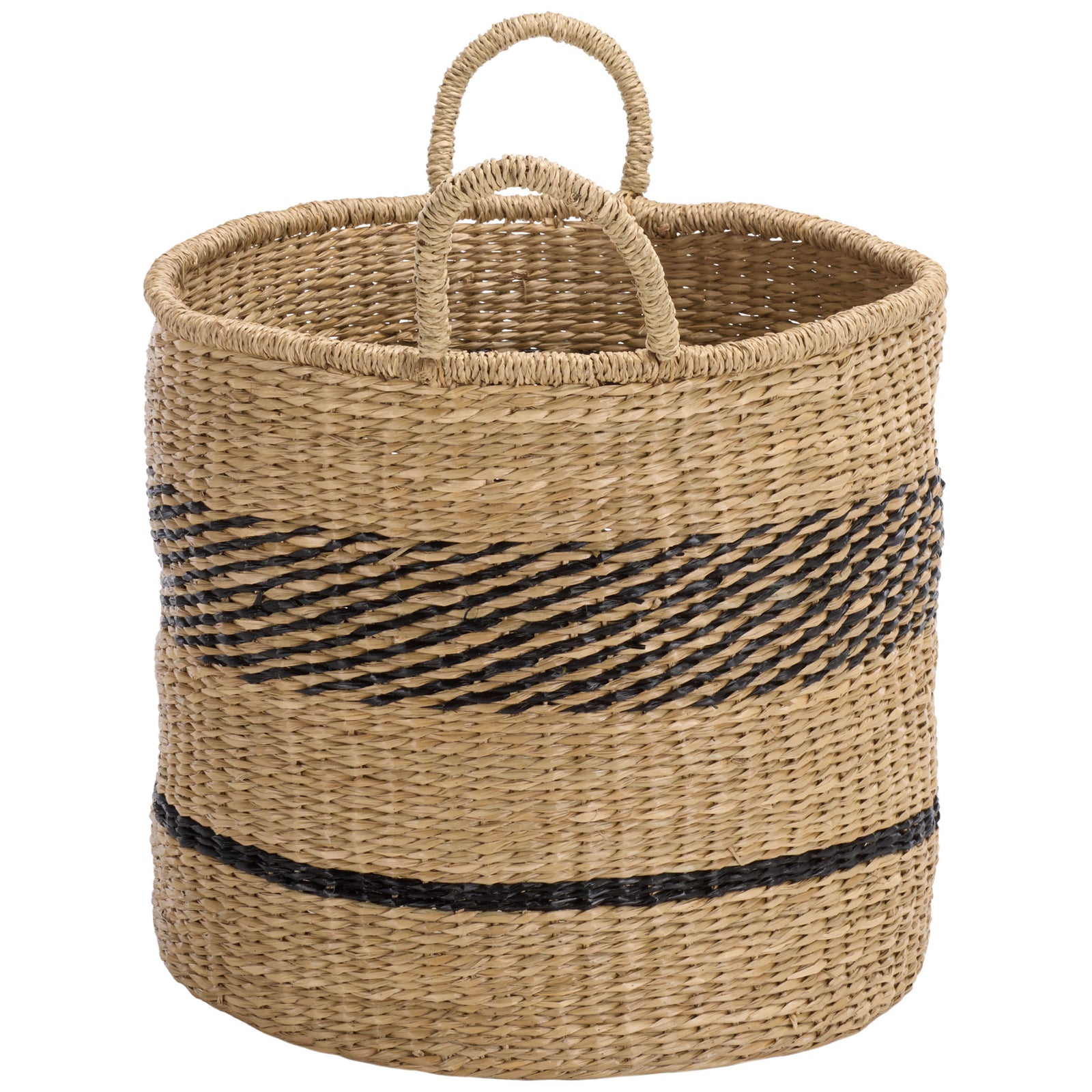A woven round basket pairs two loop handles with black striped accents and a sturdy open rim. || STG1827A-SET3 || side_partial_studio