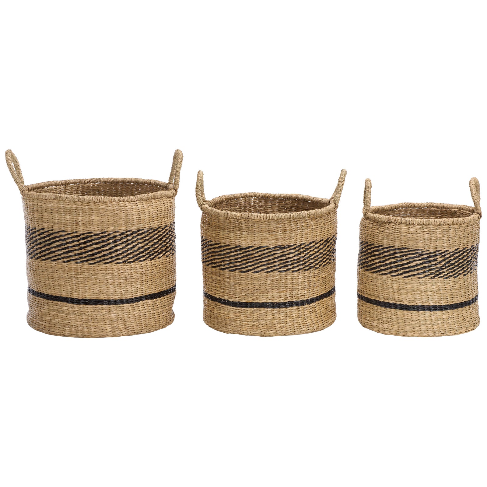 Three graduated baskets offer coordinated storage with natural seagrass and black bands. || STG1827A-SET3 || front_studio