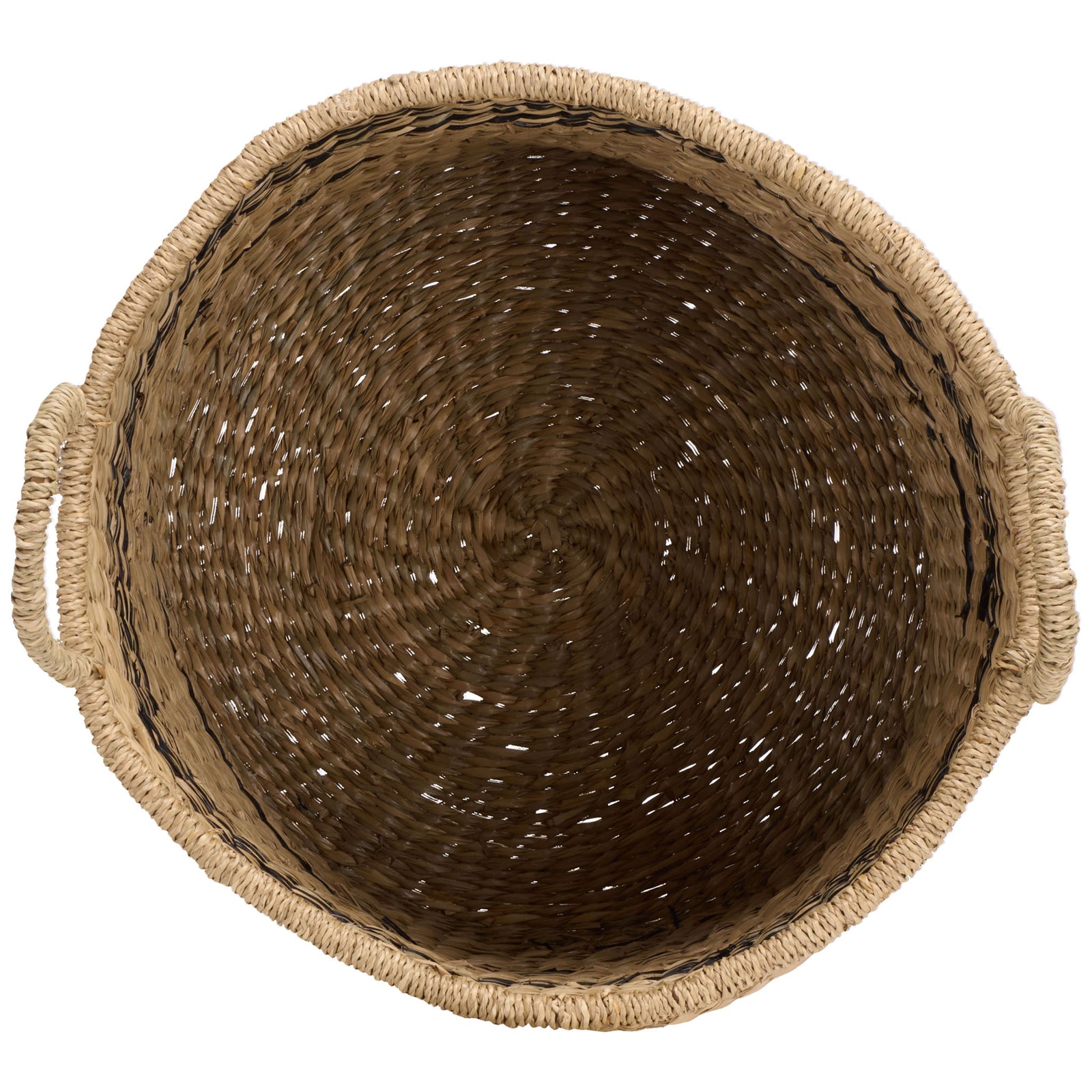 An open woven interior offers storage space beneath a sturdy rim and matching loop handles. || STG1827A-SET3 || top_partial_studio
