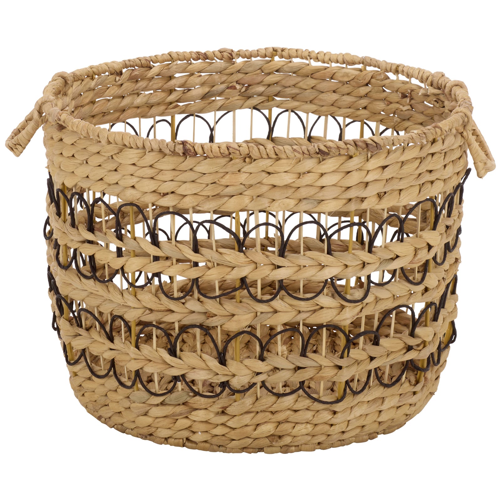 A roomy woven basket features an open top, side handles, and two bands of black loops. || STG1828A-SET3 || front_partial_studio