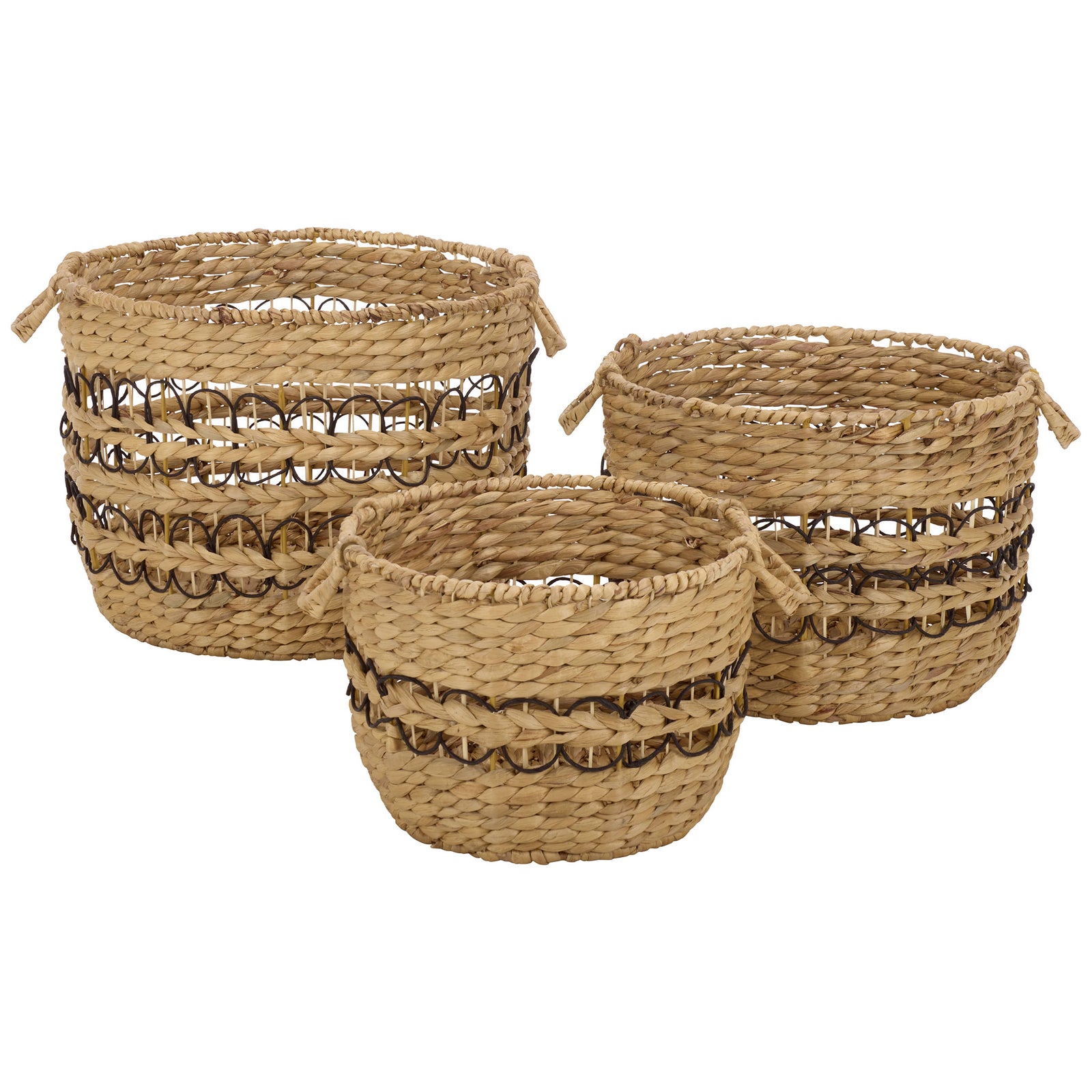 Three round storage baskets pair natural water hyacinth weaving with decorative black metal loops. || STG1828A-SET3 || front_studio