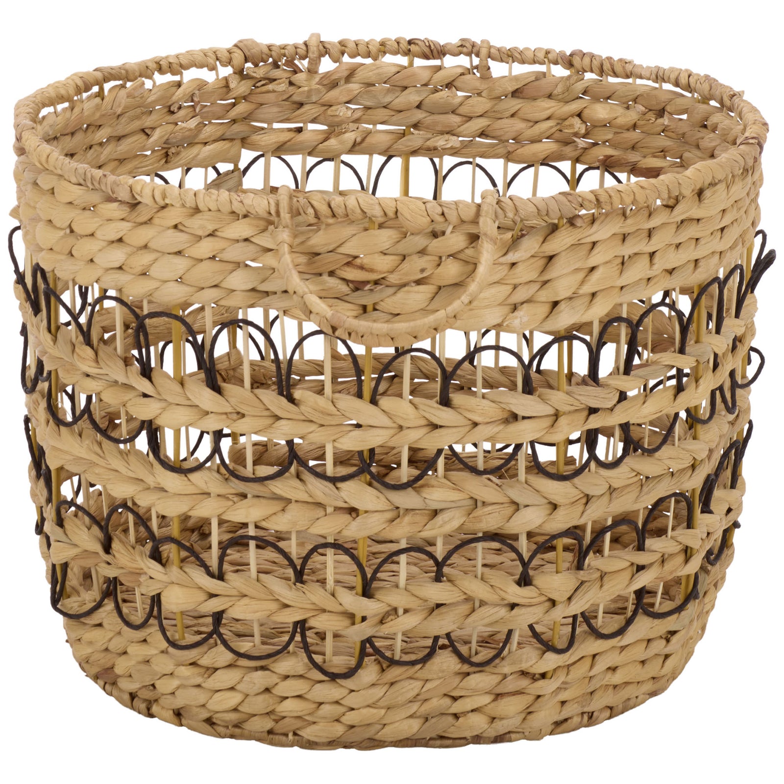 A wrapped side handle complements the basket's wide woven rim and looping black accent bands. || STG1828A-SET3 || side_partial_studio