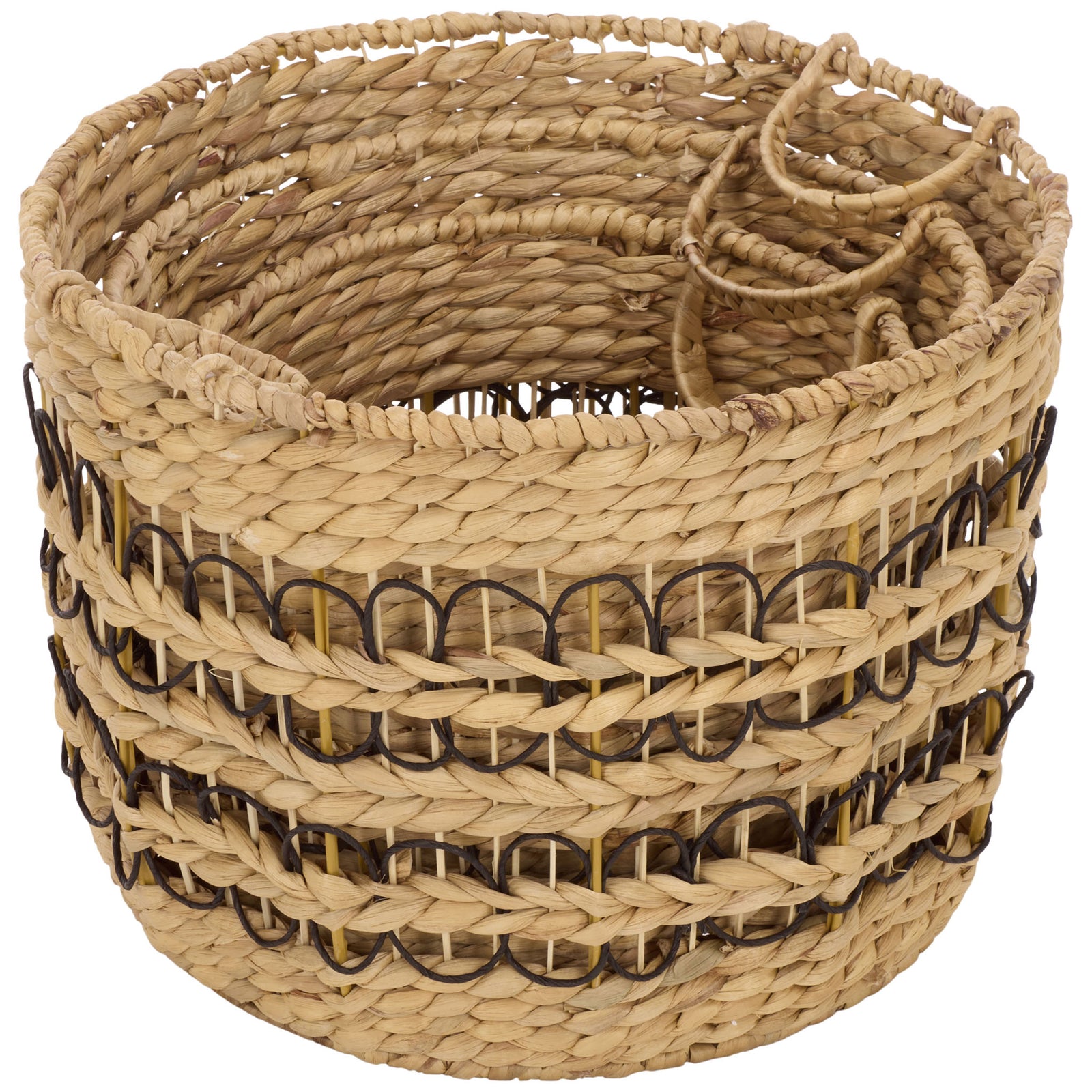 The deep woven basket combines natural fiber walls with dark loops and convenient side handles. || STG1828A-SET3 || front_angle_partial_studio