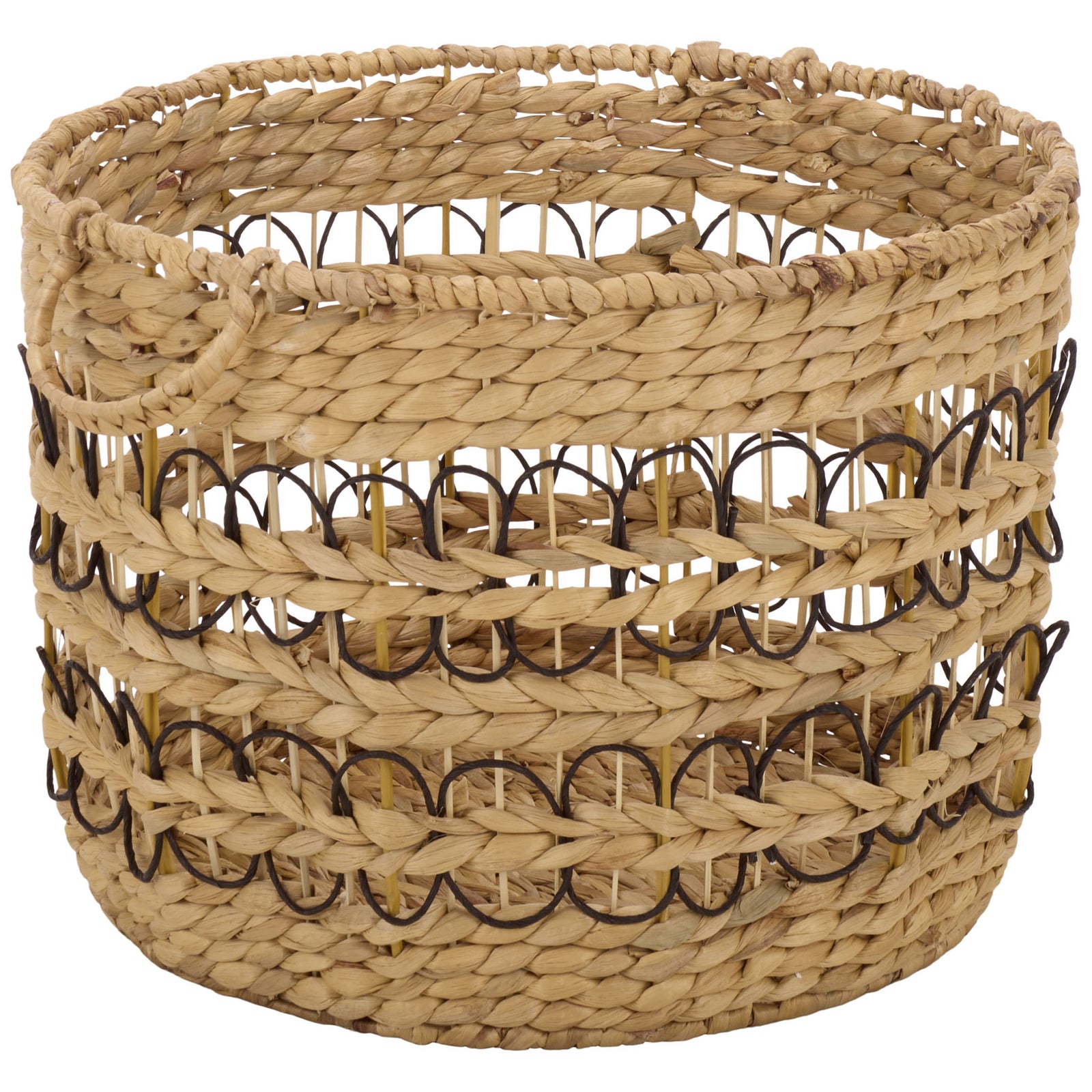 An open weave and black metal loops give the round basket an airy, textured look. || STG1828A-SET3 || front_angle_partial_studio