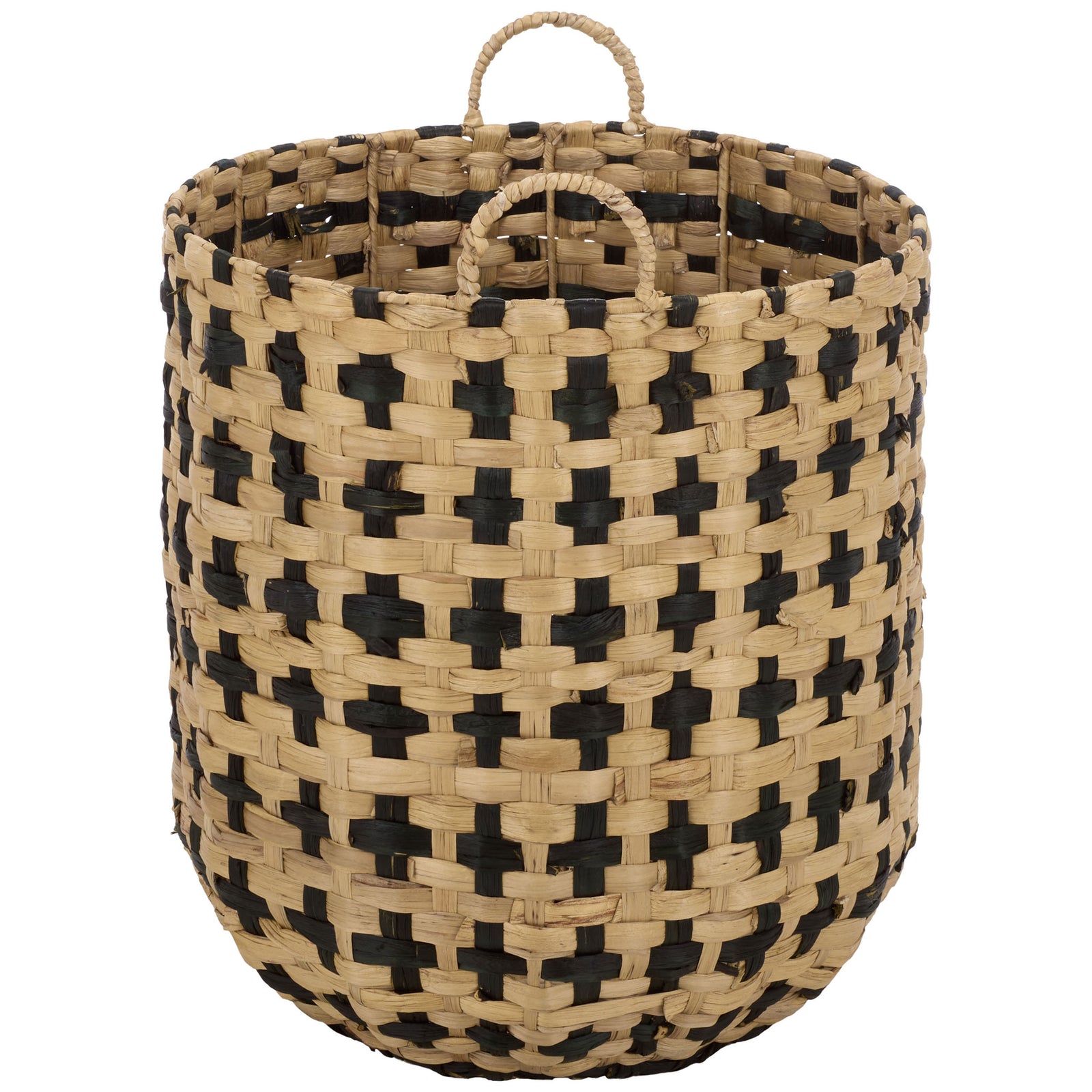 Black accents create a bold pattern across the basket's natural water hyacinth weave. || STG1829A-SET2 || side_partial_studio