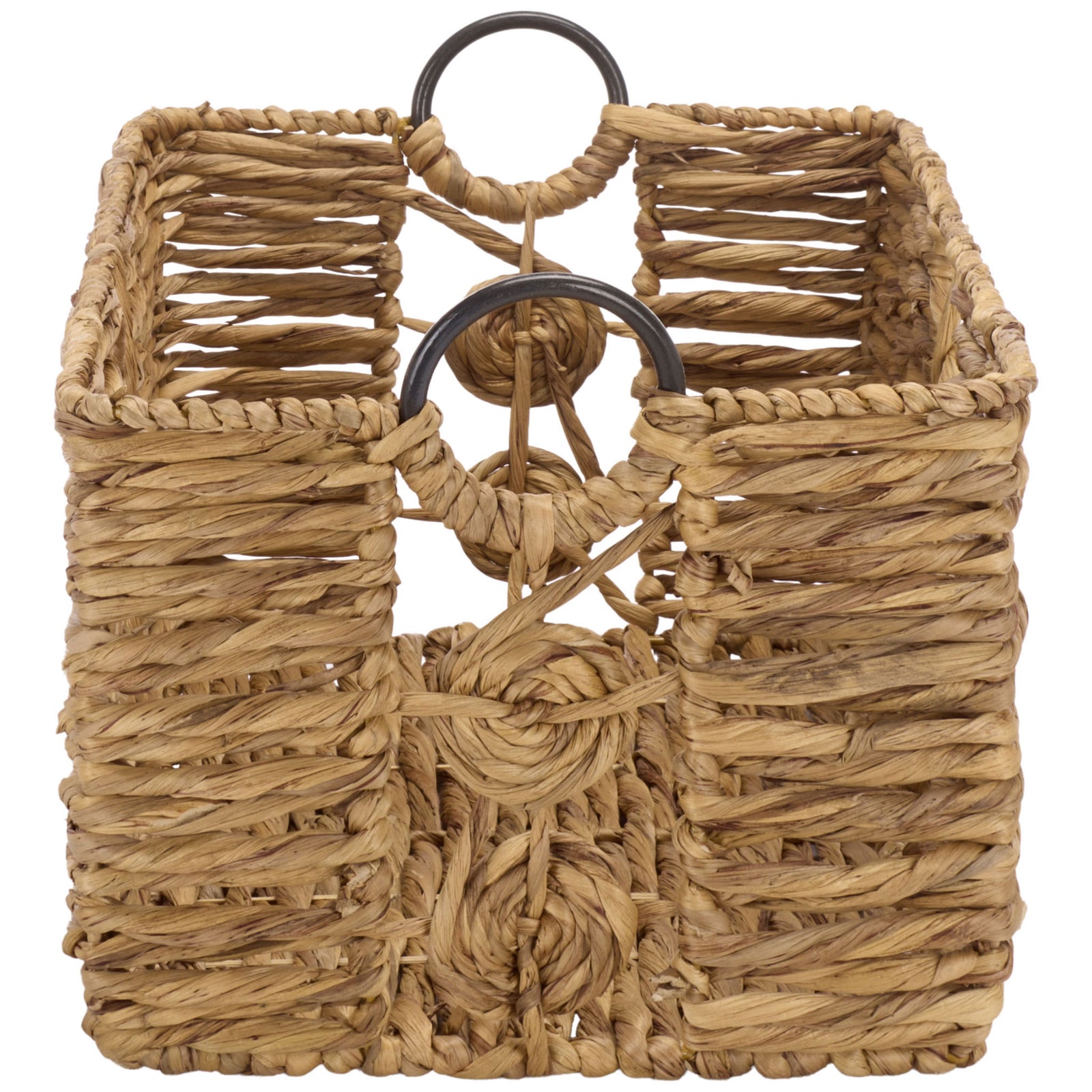 Paired metal ring handles accent a woven basket with an open top and decorative fiber circles. || STG1830A-SET3 || side_partial_studio