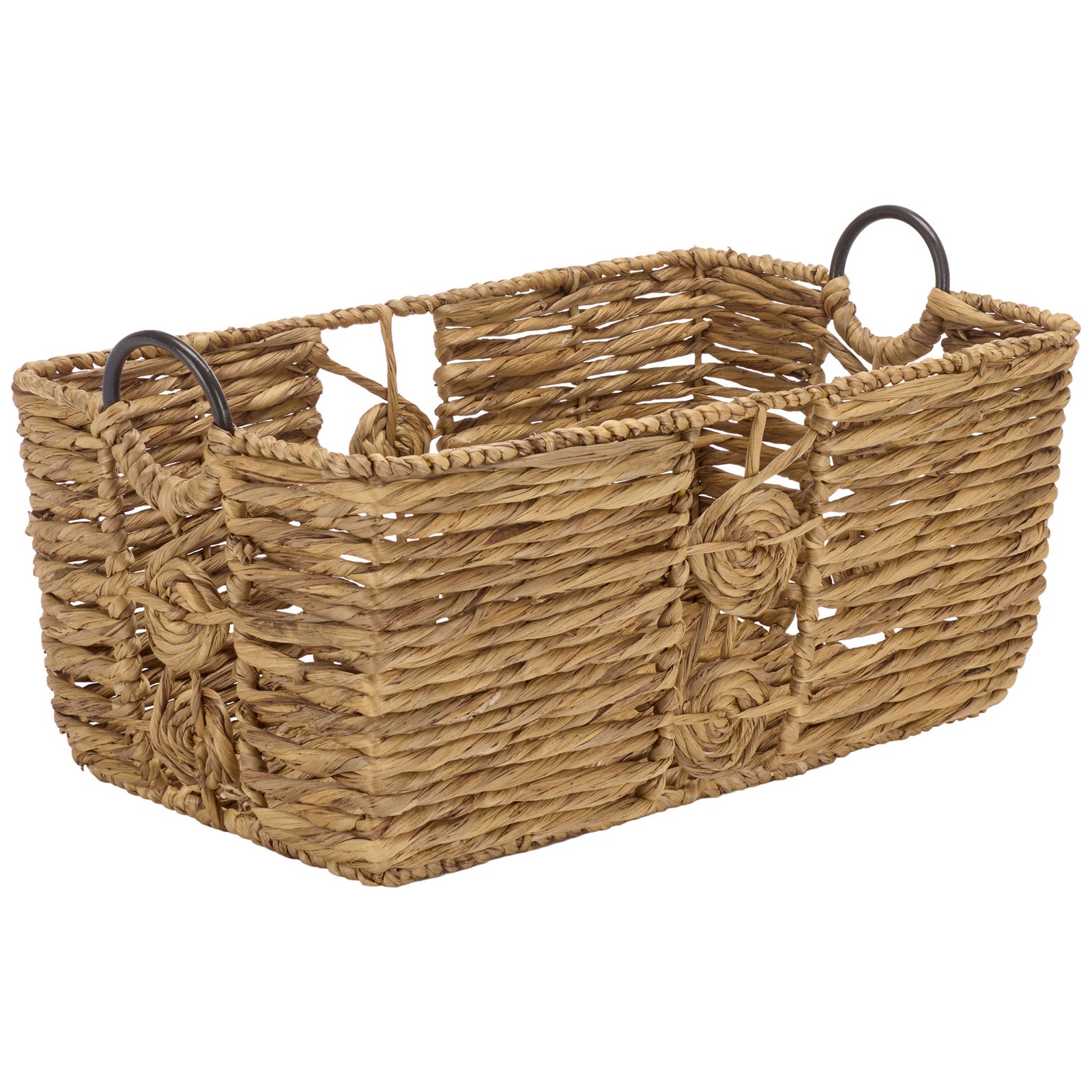 An open-top basket pairs natural woven walls with circular accents and dark metal ring handles. || STG1830A-SET3 || front_angle_partial_studio