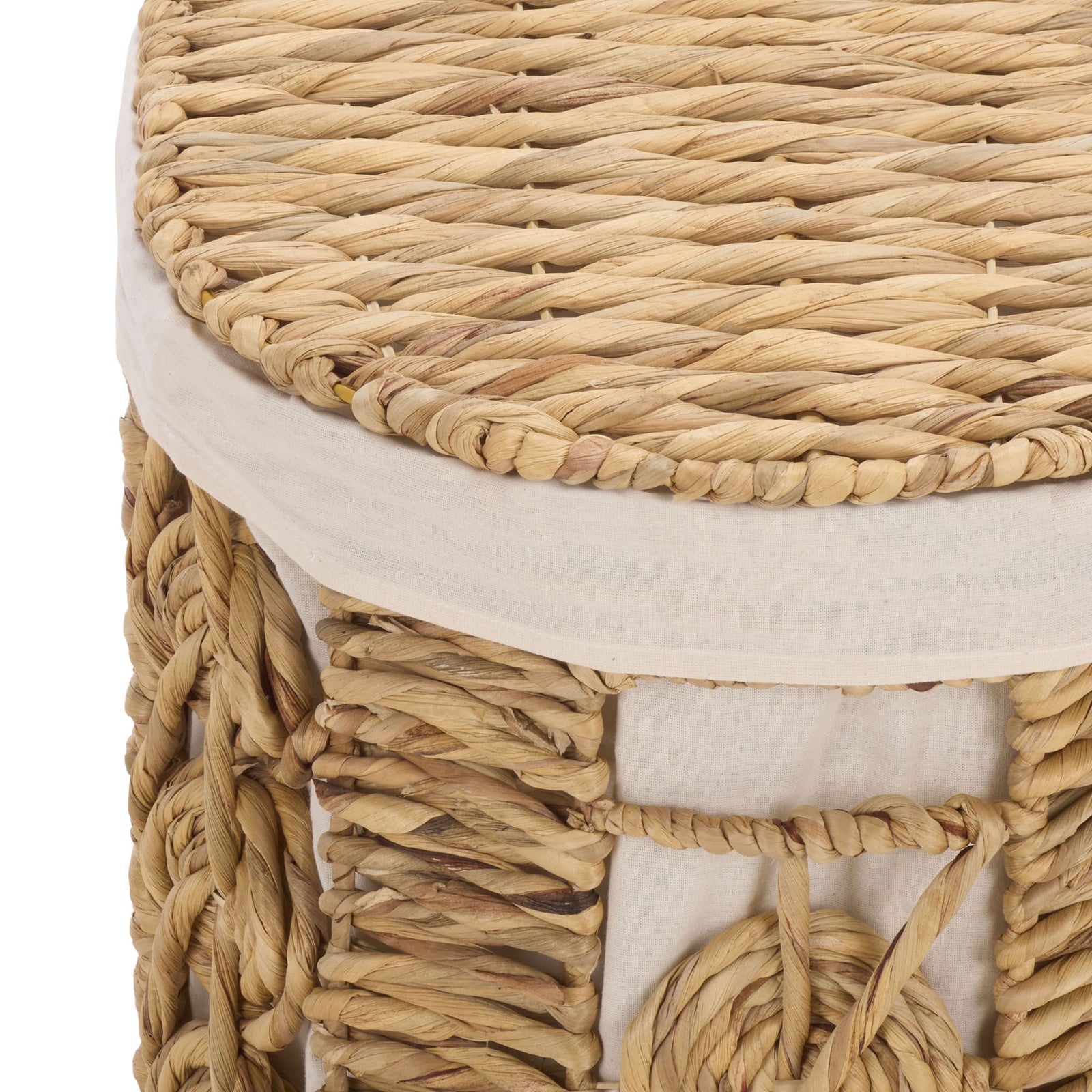 Tight water hyacinth weaving and a smooth linen rim give the lidded basket tactile charm. || STG1831A-SET2 || detail_studio