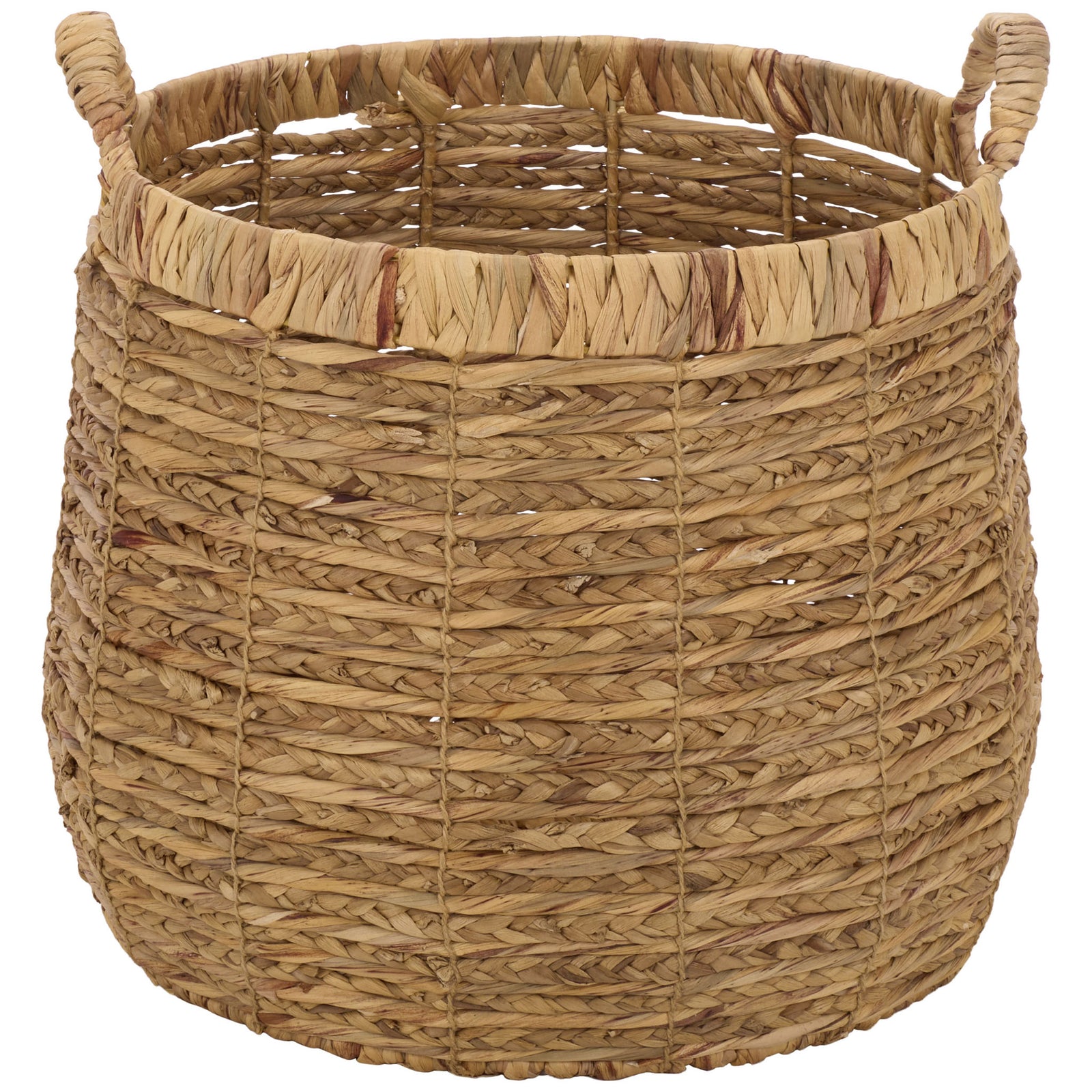A generously sized woven basket features a rounded body, wrapped rim, and sturdy loop handles. || STG1832A-SET2 || front_partial_studio