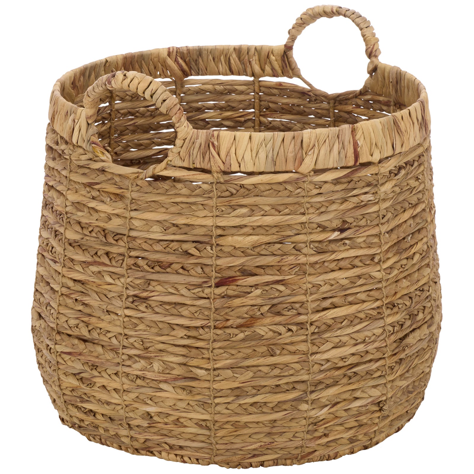 A rounded woven basket combines organic texture with wrapped loop handles. || STG1832A-SET2 || front_angle_partial_studio