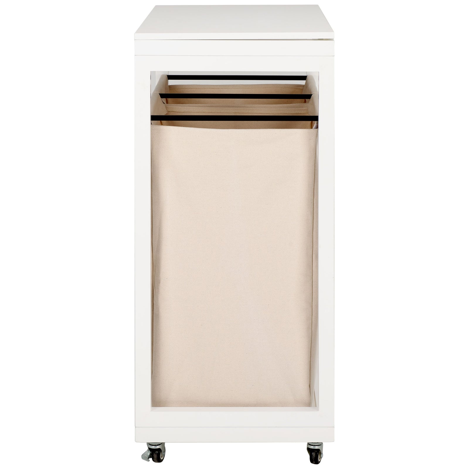 A slim white frame surrounds a deep beige fabric hamper, with caster wheels below and black support rails above. || STG1900A || side_studio