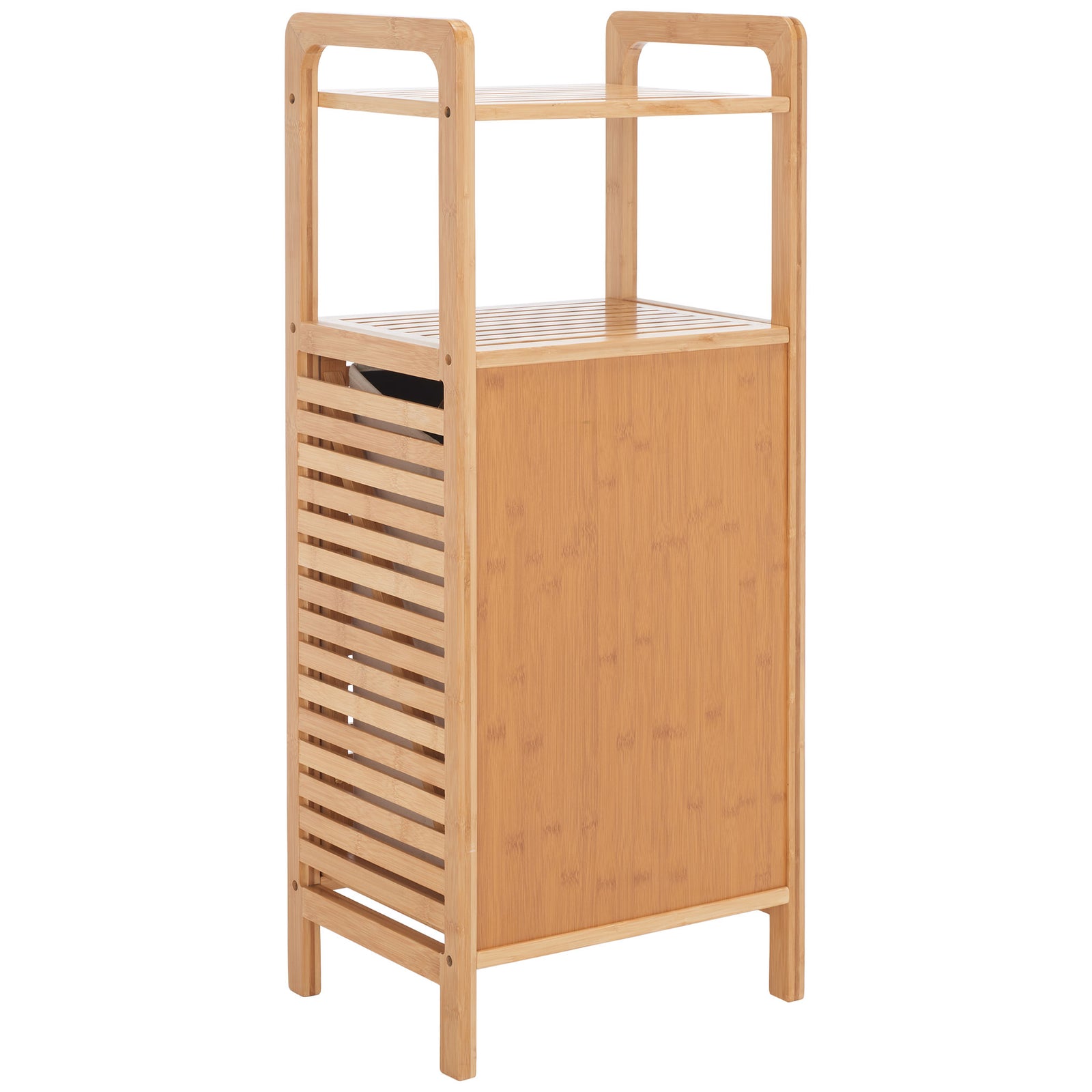 Warm bamboo panels and horizontal side slats lend airy texture to this two-shelf laundry organizer || STG1903A || back_angle_studio