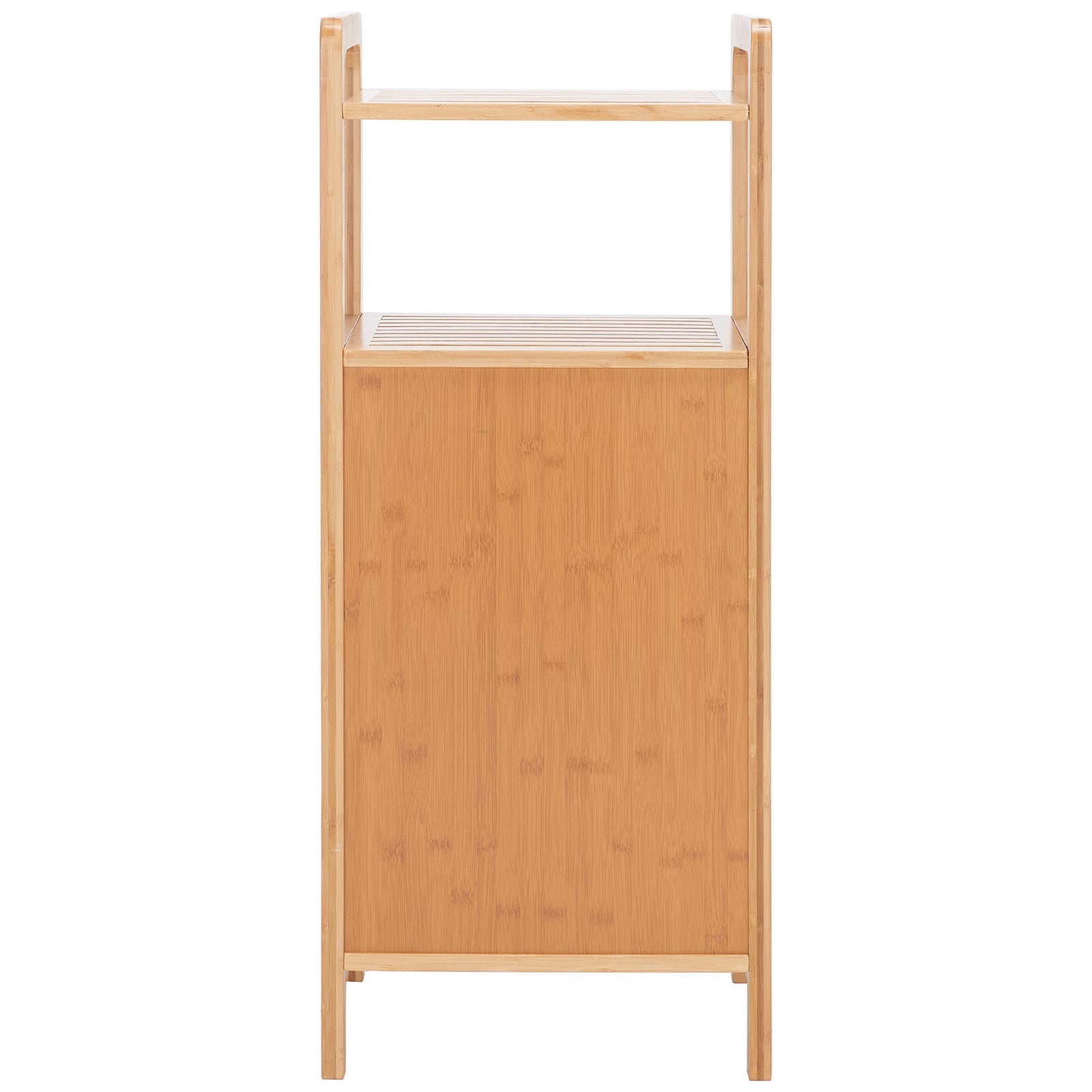 A smooth bamboo back gives this slim laundry hamper a clean finish beneath two open shelves || STG1903A || back_studio