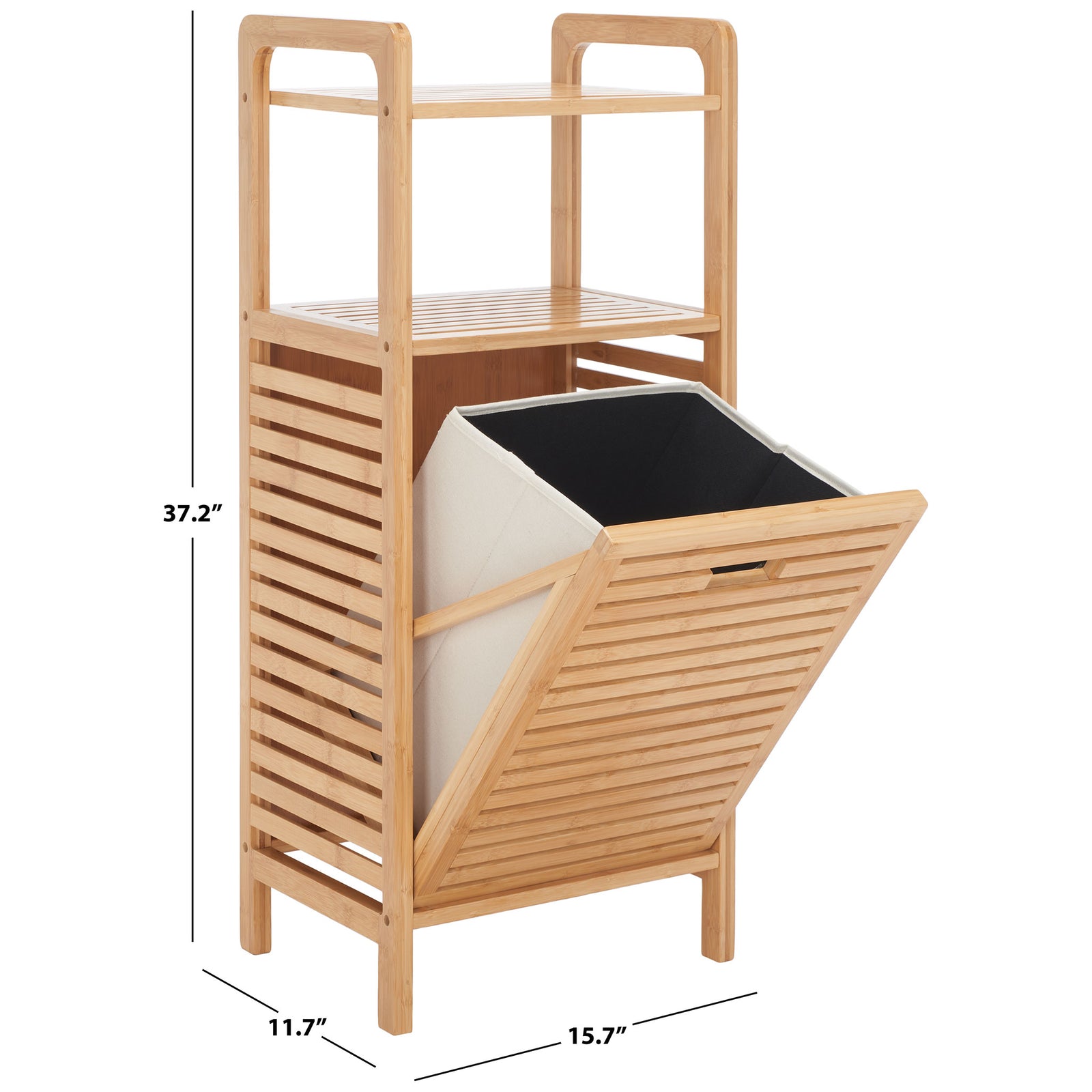 A slim bamboo frame combines two shelves and a tilt-out hamper in a compact 15.7-inch-wide footprint || STG1903A || dimension_studio