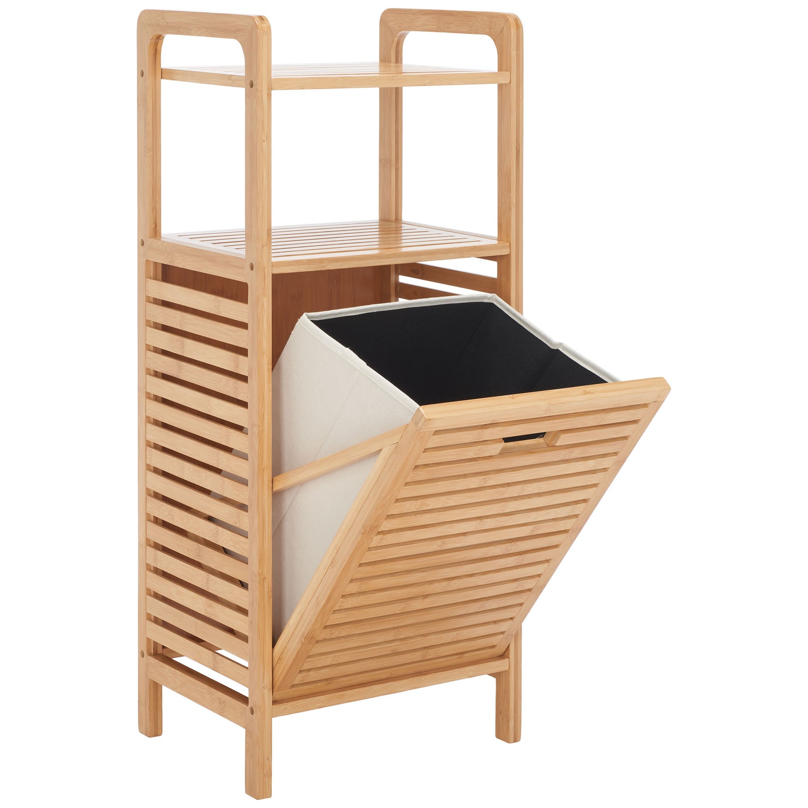 A hinged slatted front opens to a fabric laundry basket beneath two airy bamboo shelves || STG1903A || front_angle_open_studio