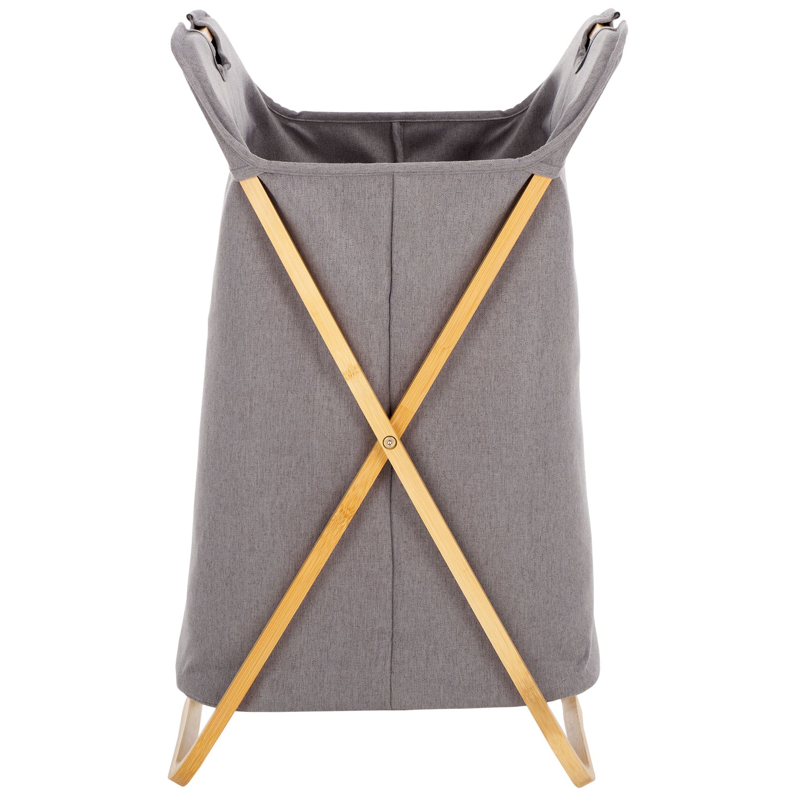A gray linen laundry basket rests in a natural bamboo X-frame with carry handles at the top. || STG1906A || front_studio
