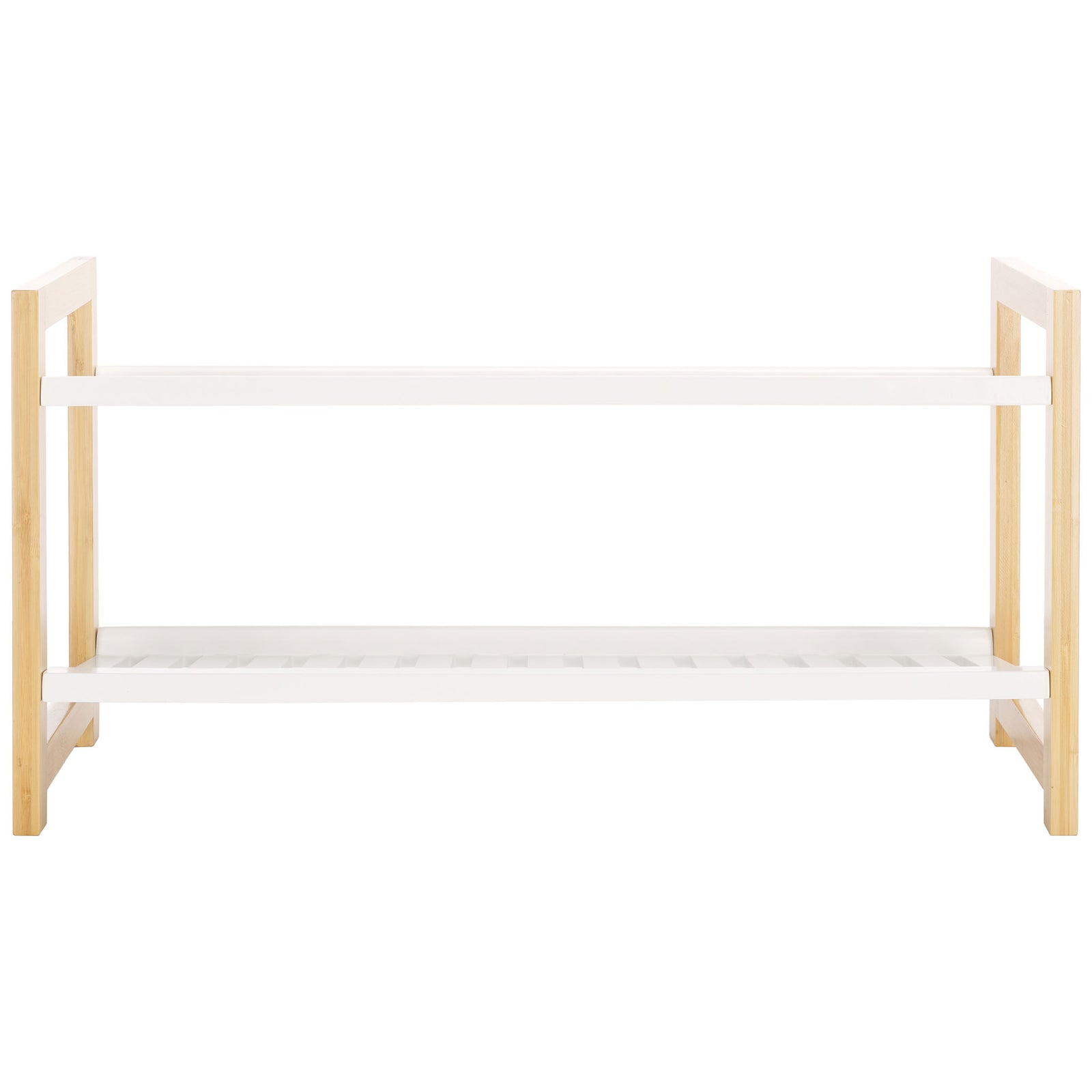 Natural bamboo end frames and white rails create an open, airy back for this two-tier shoe rack. || STG1909A || back_studio