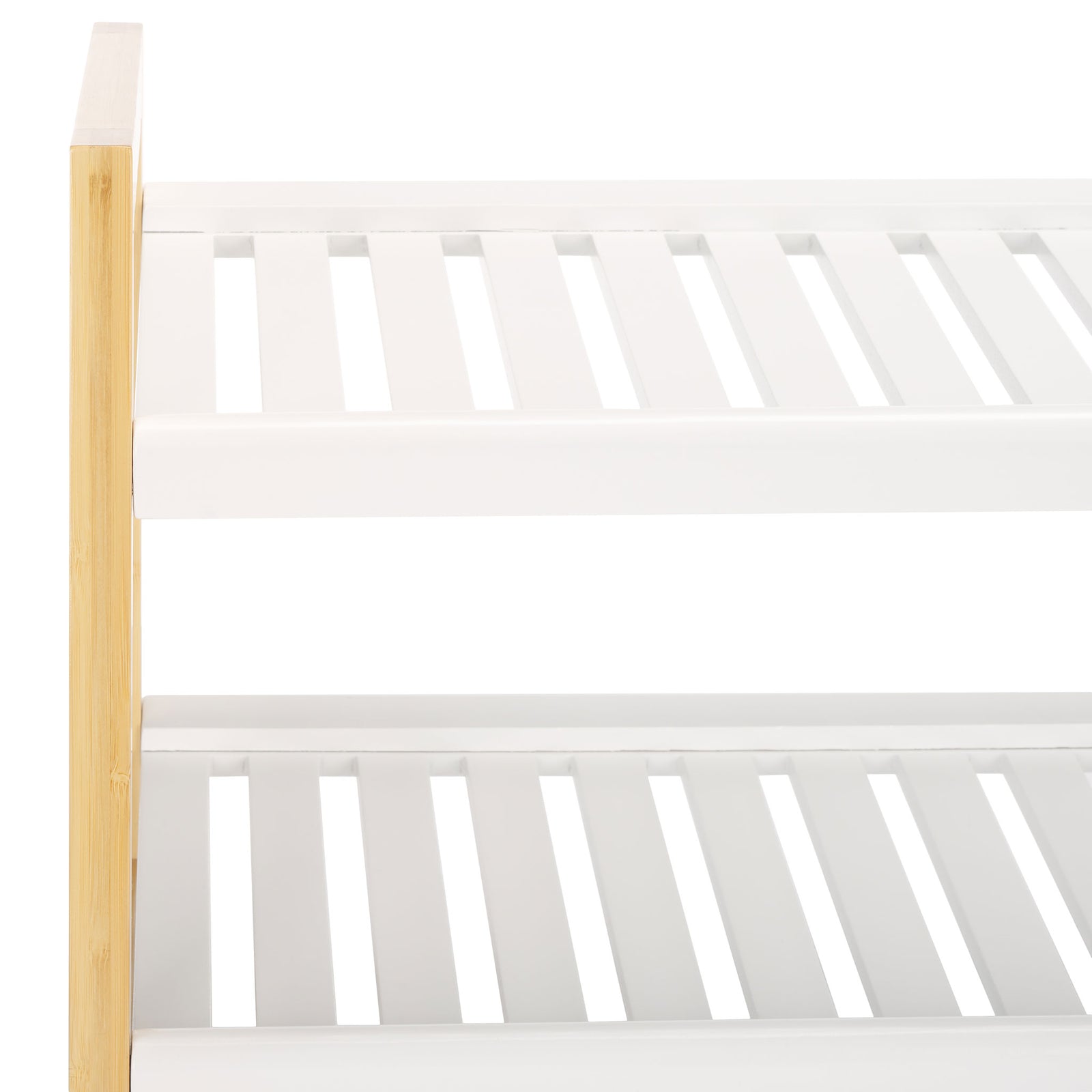 White slatted shelves pair with a natural bamboo frame to keep shoes ventilated. || STG1909A || detail_studio