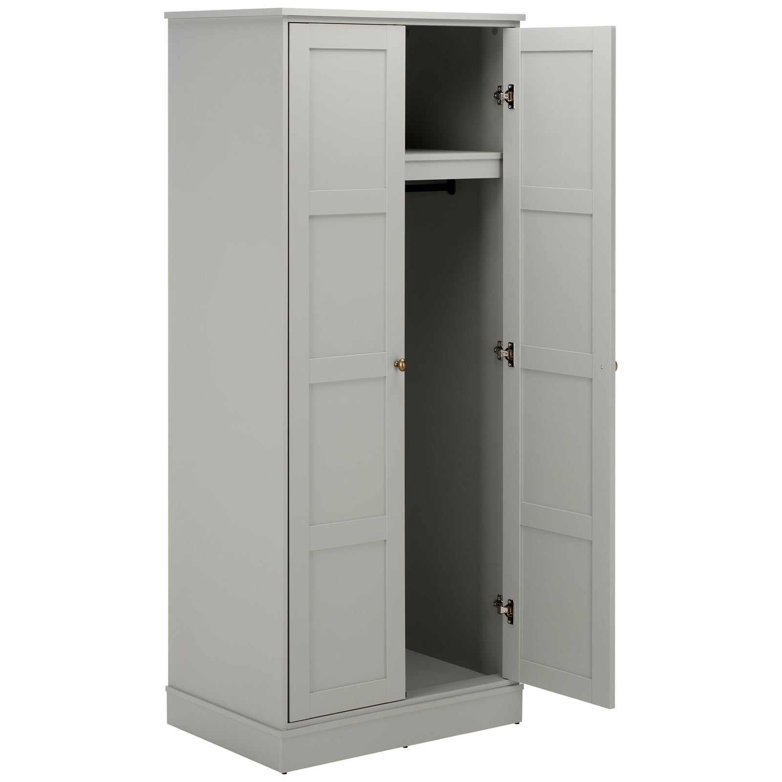 An open light gray door reveals a shelf above a tall hanging compartment. || STG3102A-2BX || front_angle_open_studio
