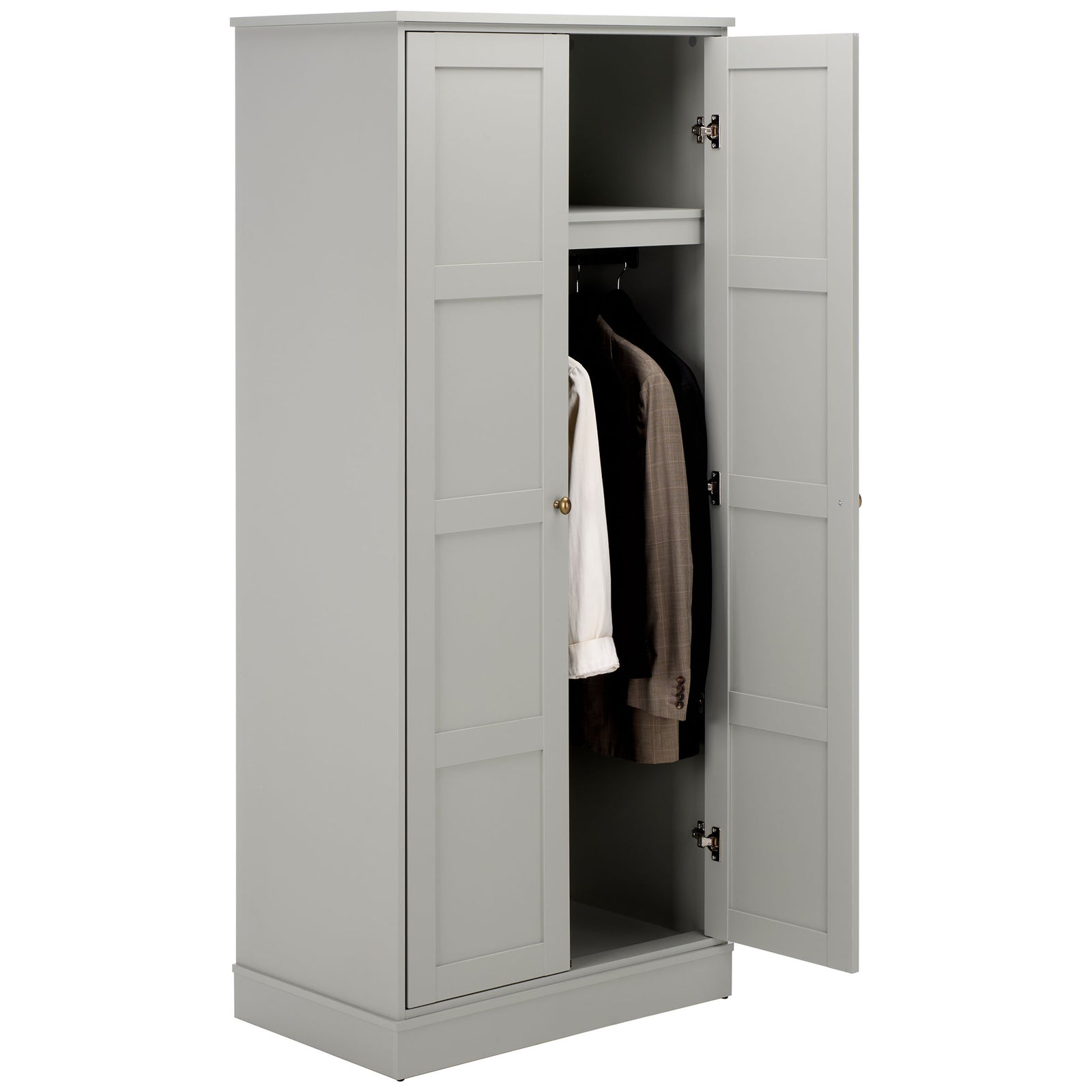 Coats and shirts hang beneath the upper shelf of this light gray wardrobe. || STG3102A-2BX || front_angle_open_studio