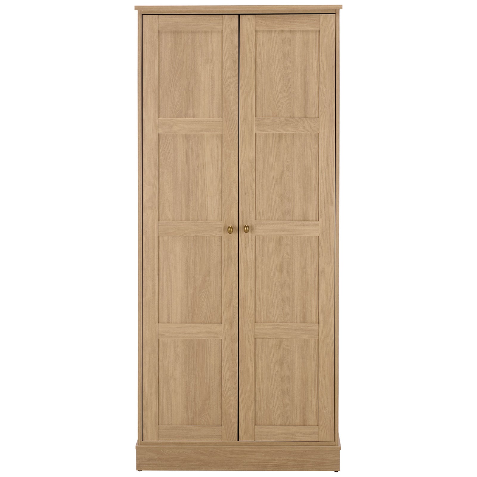 Natural wood-look two-door wardrobe features eight framed panels and warm brass-tone knobs. || STG3102B-2BX || front_studio