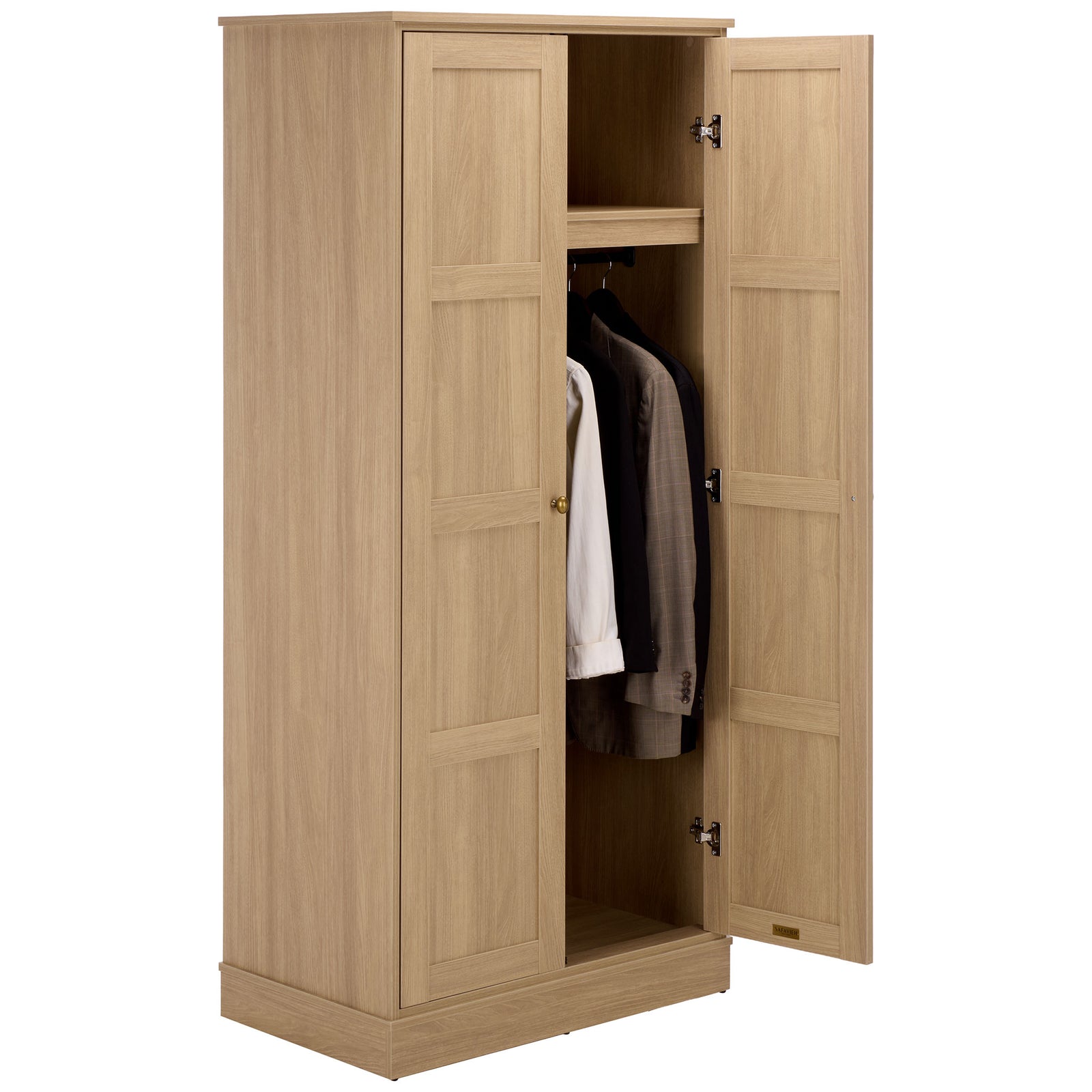 Hanging jackets and shirts fit neatly beneath the shelf in this natural-finish wardrobe. || STG3102B-2BX || front_angle_open_studio