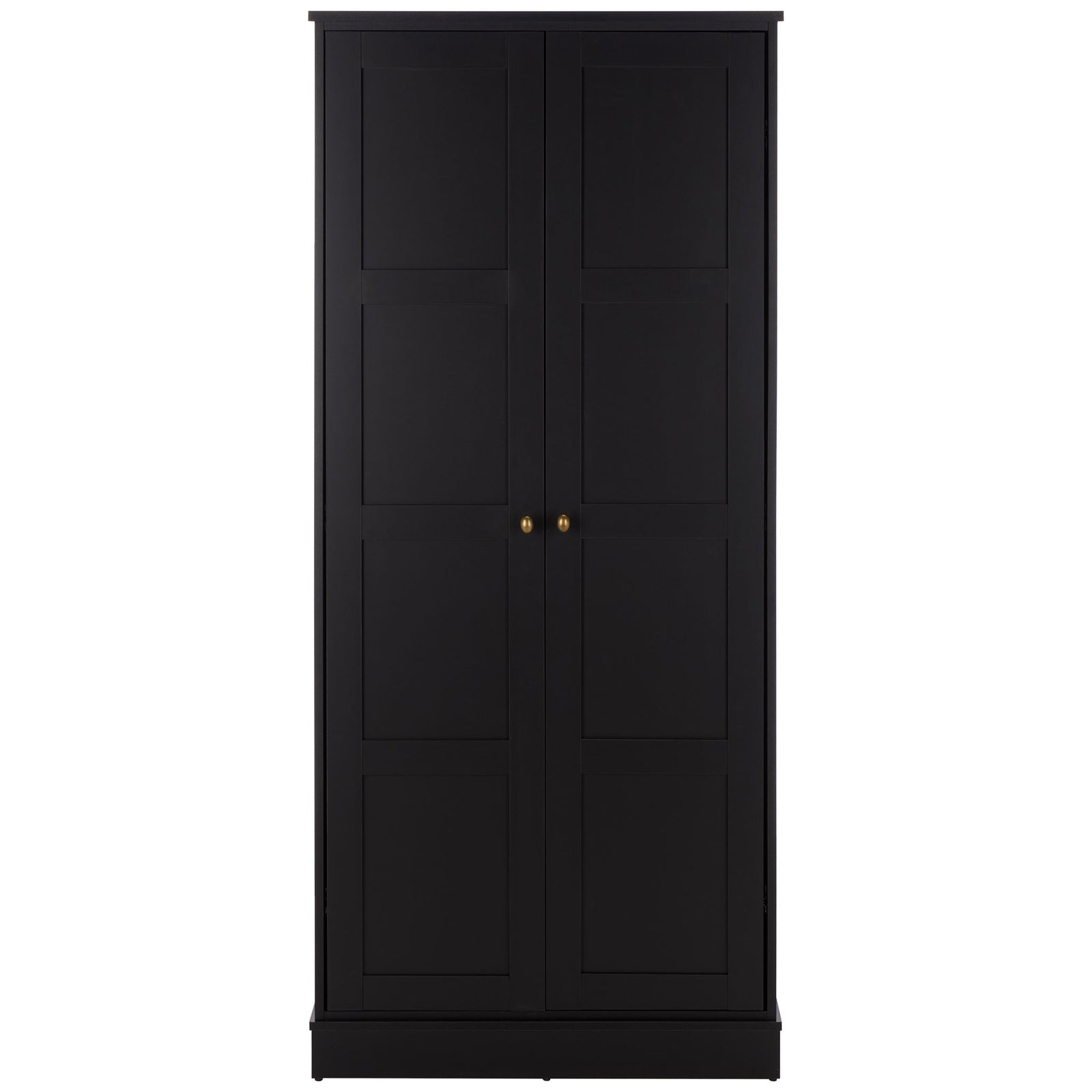 Tall black two-door wardrobe combines inset panels, brass-tone knobs, and a solid plinth. || STG3102C-2BX || front_studio