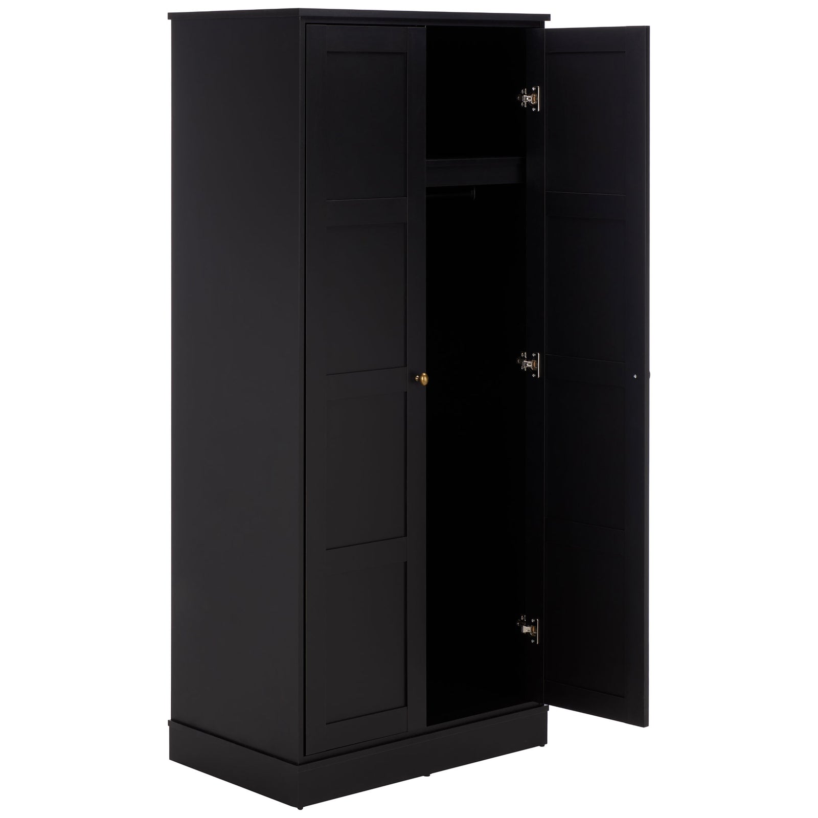 A paneled door opens to reveal a top shelf and generous hanging space. || STG3102C-2BX || front_angle_open_studio