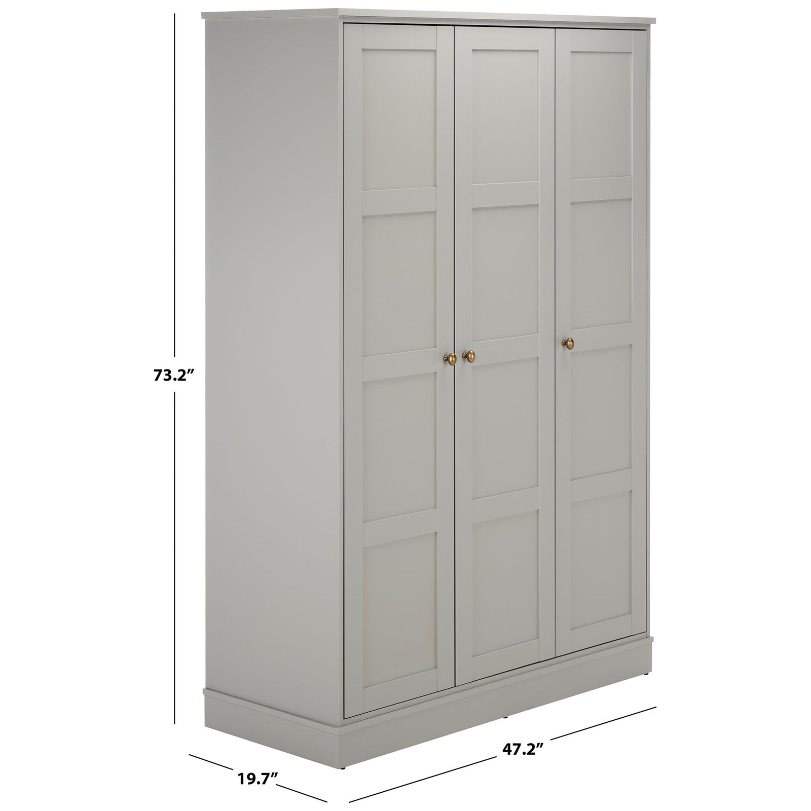 Light gray three-door wardrobe measures 47.2 inches wide, 19.7 inches deep, and 73.2 inches high. || STG3103A-3BX || dimension_studio