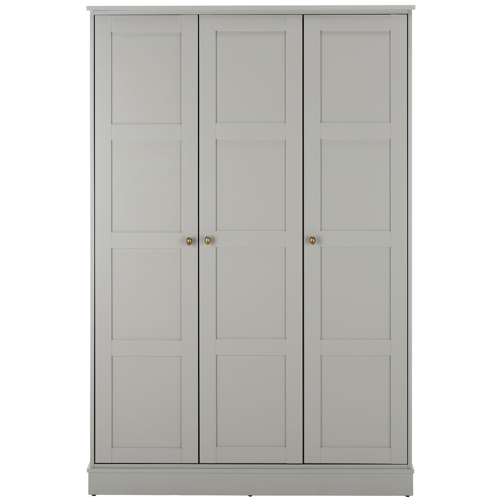 Three light gray paneled doors pair with brass-tone knobs and a substantial plinth base. || STG3103A-3BX || front_studio