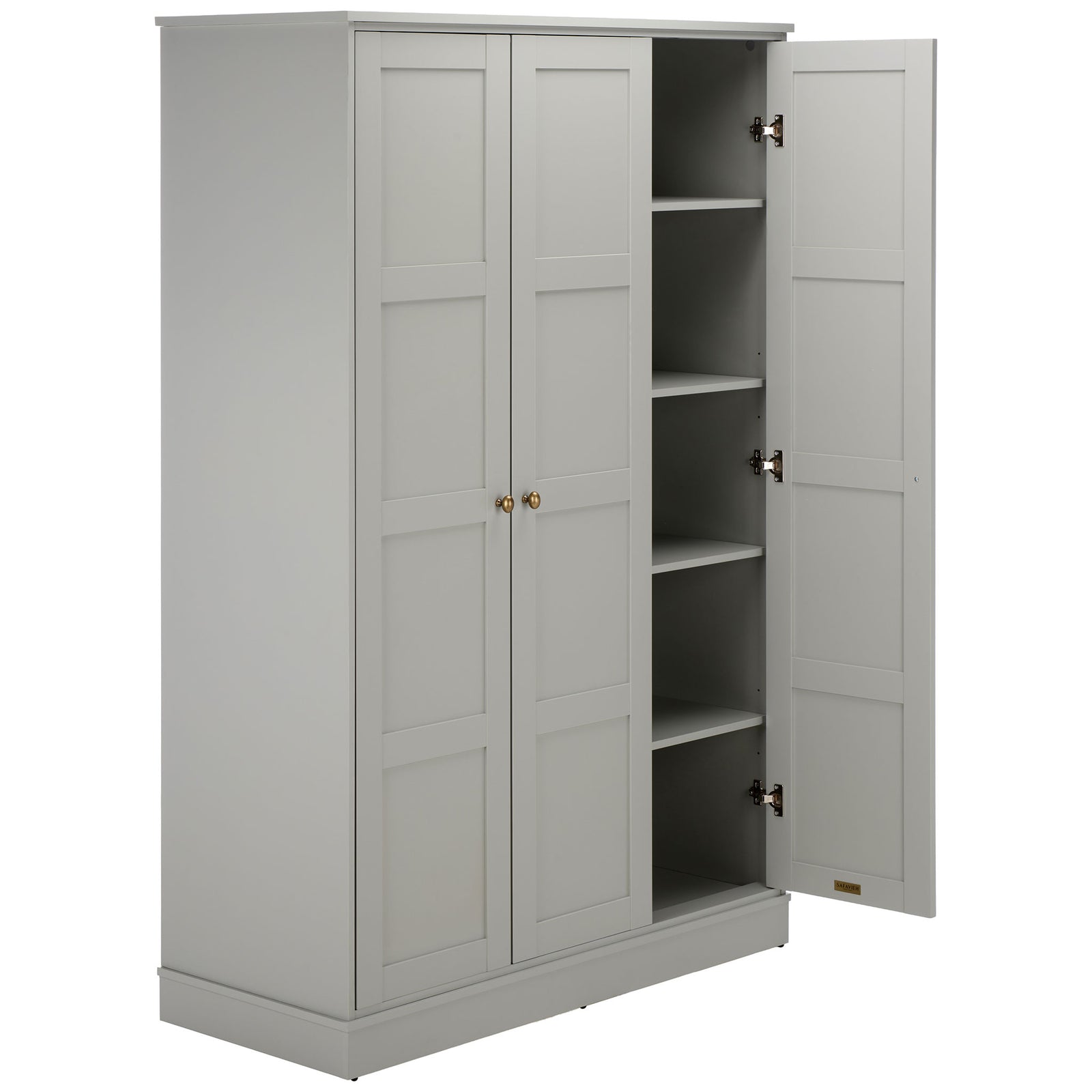 An open door reveals a column of light gray shelves for folded essentials. || STG3103A-3BX || front_angle_open_studio