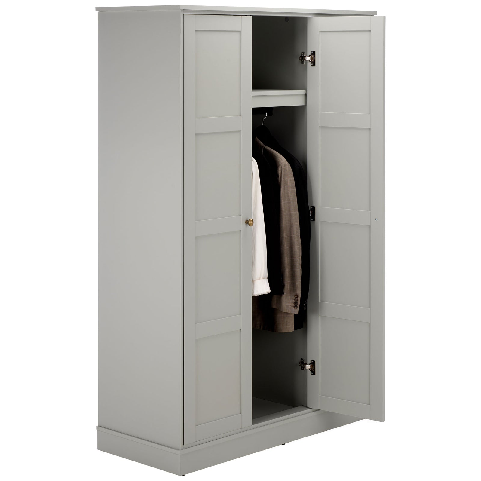 Shirts and coats hang below the shelf inside this light gray three-door wardrobe. || STG3103A-3BX || front_angle_open_studio