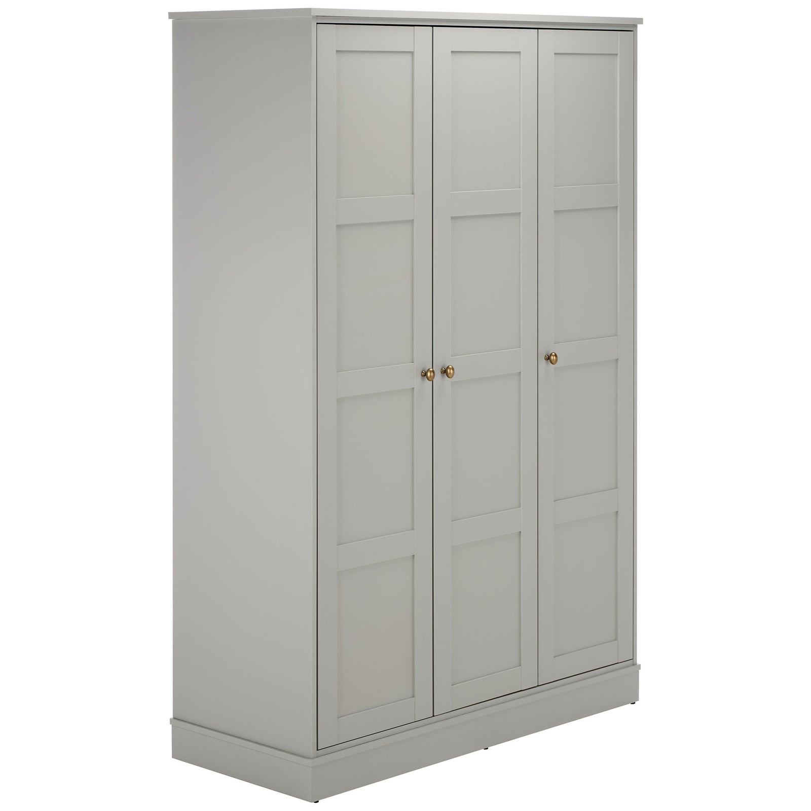 Smooth light gray sides complement the wardrobe's paneled doors and brass-tone knobs. || STG3103A-3BX || front_angle_studio