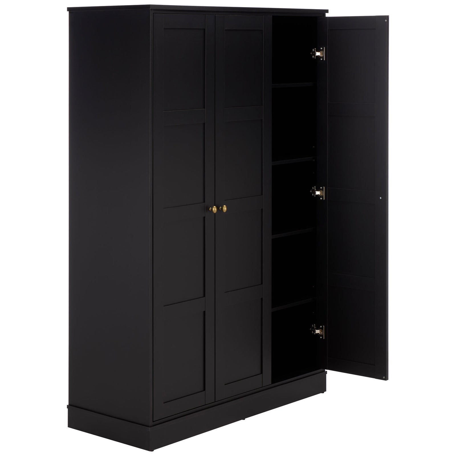A black paneled door opens onto stacked shelves for folded essentials. || STG3103C-3BX || front_angle_open_studio