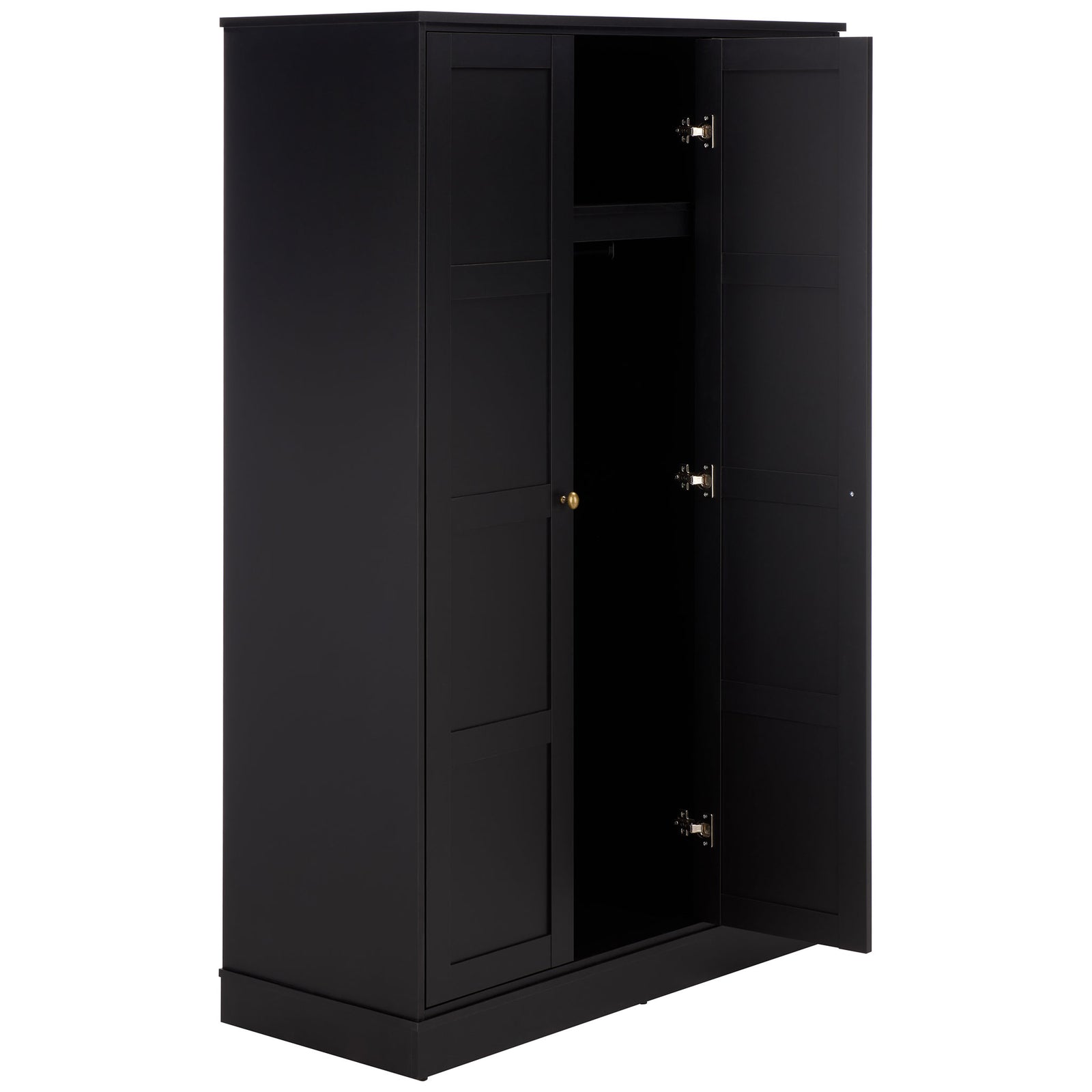 An open center door reveals an upper shelf and room for hanging clothes. || STG3103C-3BX || front_angle_open_studio