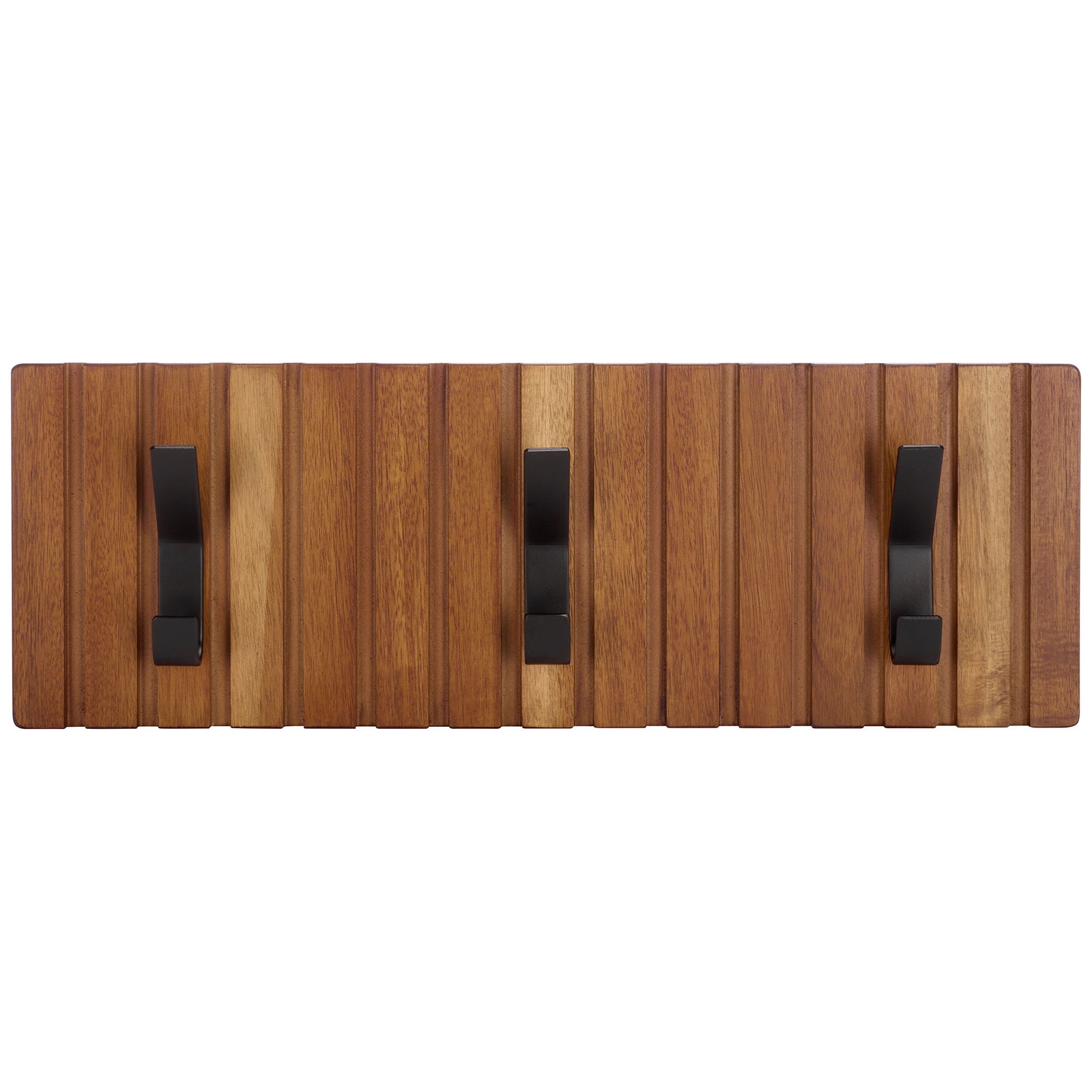 Warm wood slats and three black hooks create a streamlined wall-mounted coat rack || STG5000A || front_studio