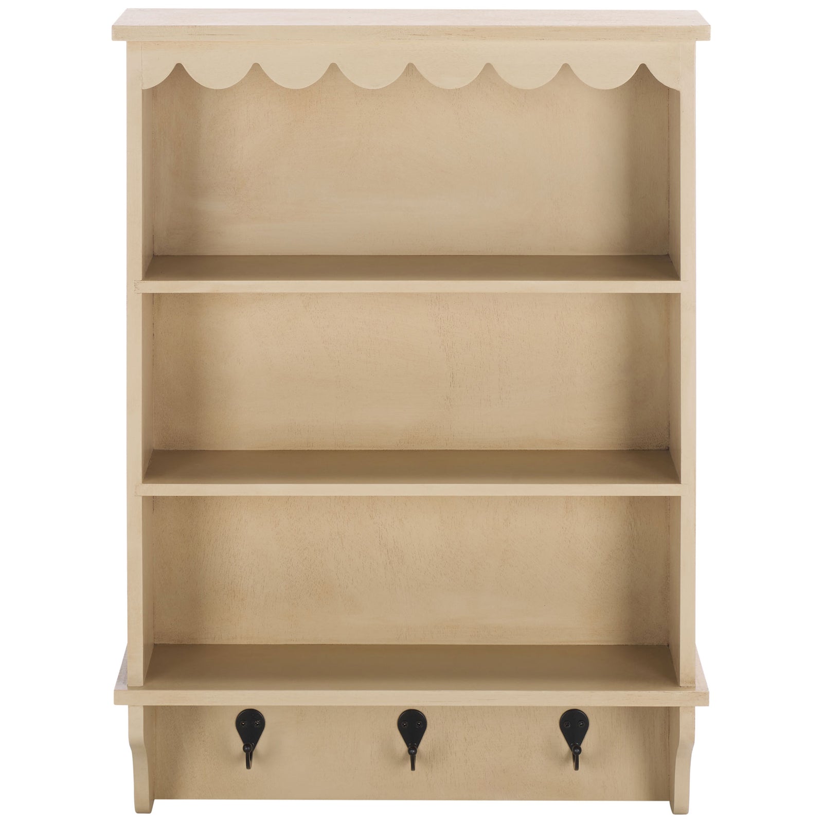 Natural-toned wood wall rack pairs three open shelves with three contrasting black hooks || STG5702A || front_studio