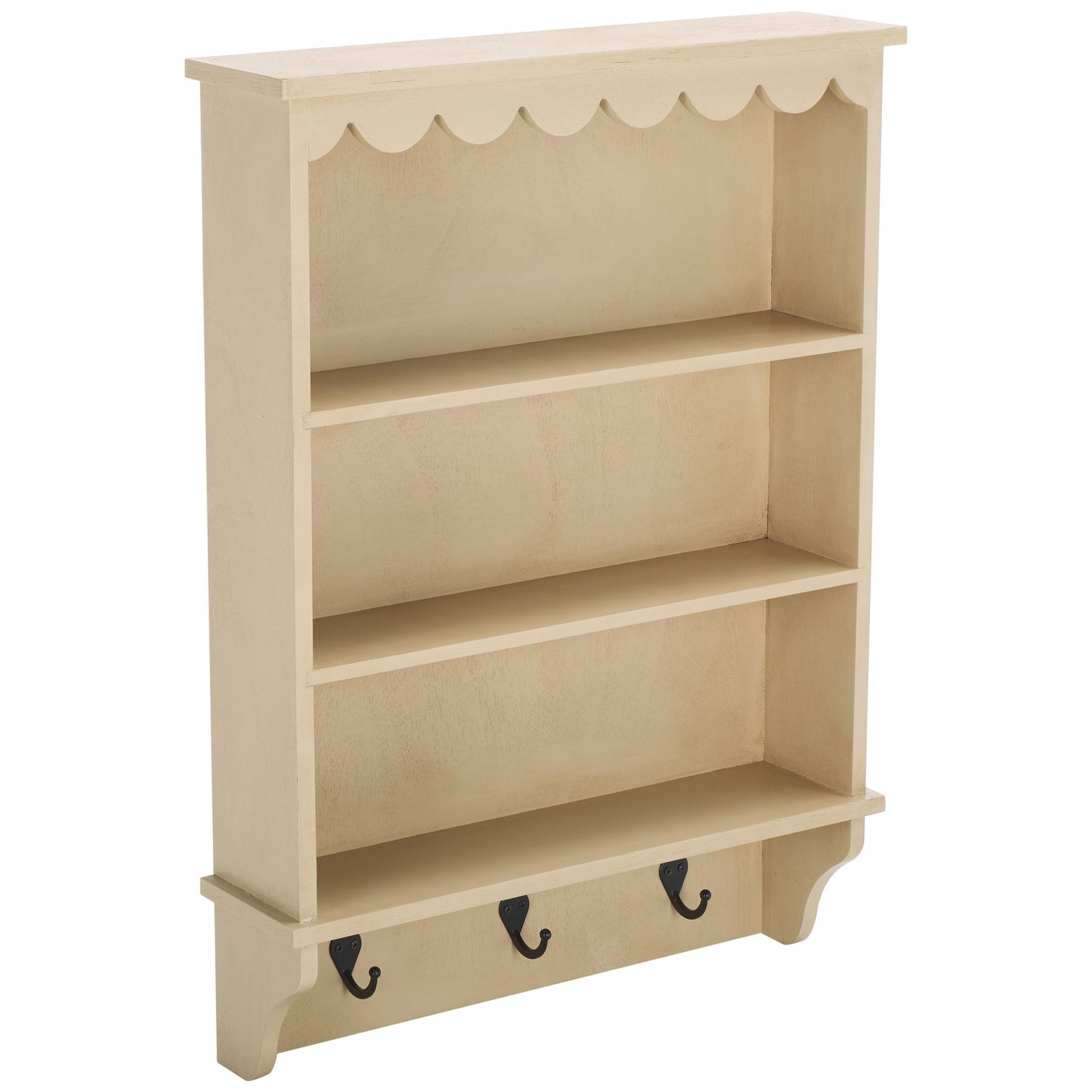 Light natural wood, scalloped trim, and three coat hooks bring charm to compact storage || STG5702A || front_angle_studio