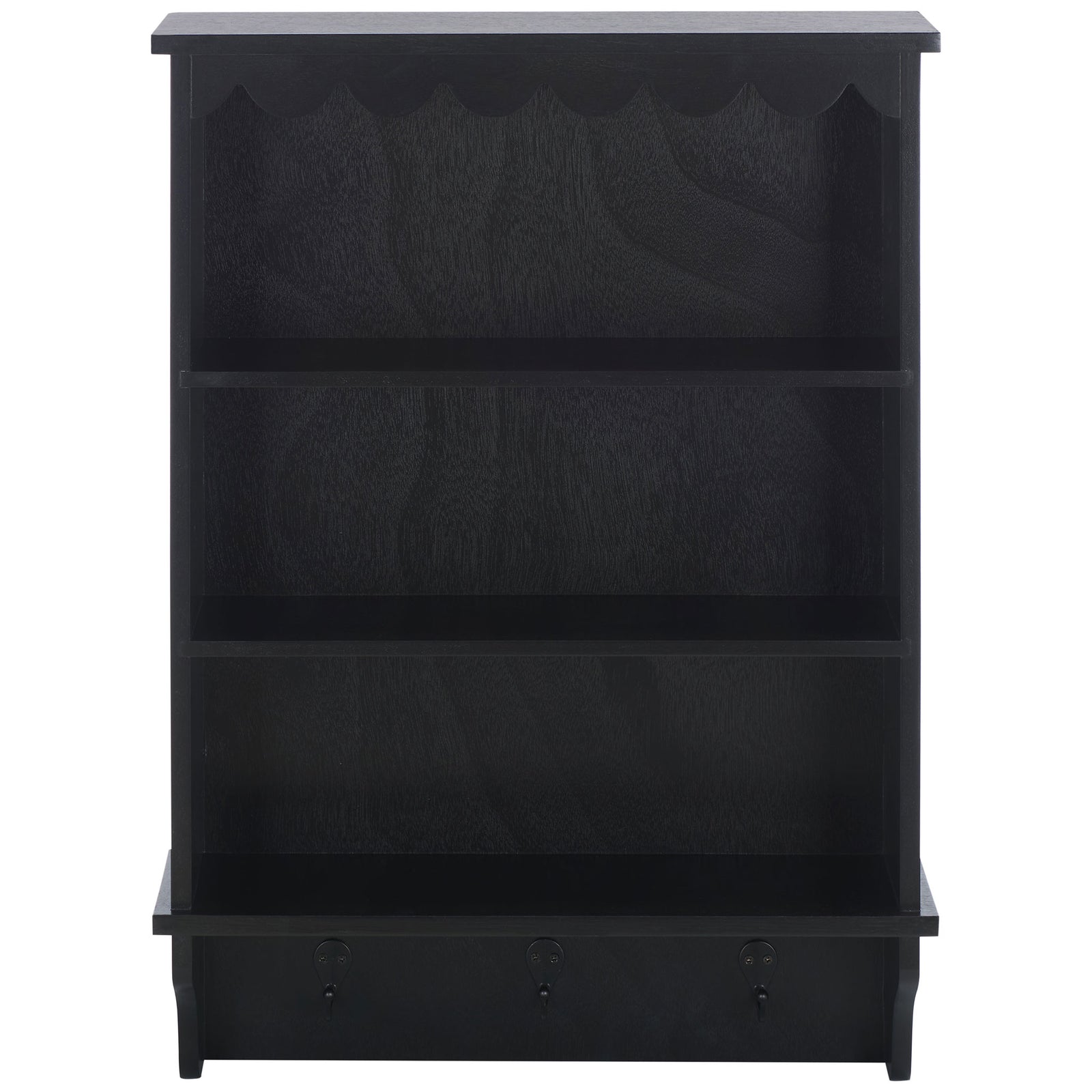 Matte black wood wall rack features three open shelves, scalloped trim, and three hooks || STG5702B || front_studio