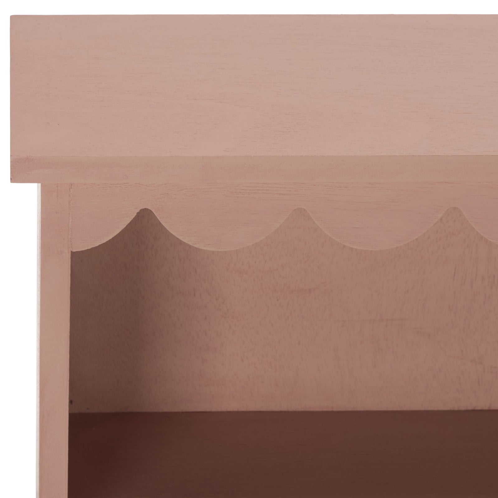 Scalloped trim accents the warm blush pink finish of the wood wall rack || STG5702E || detail_studio