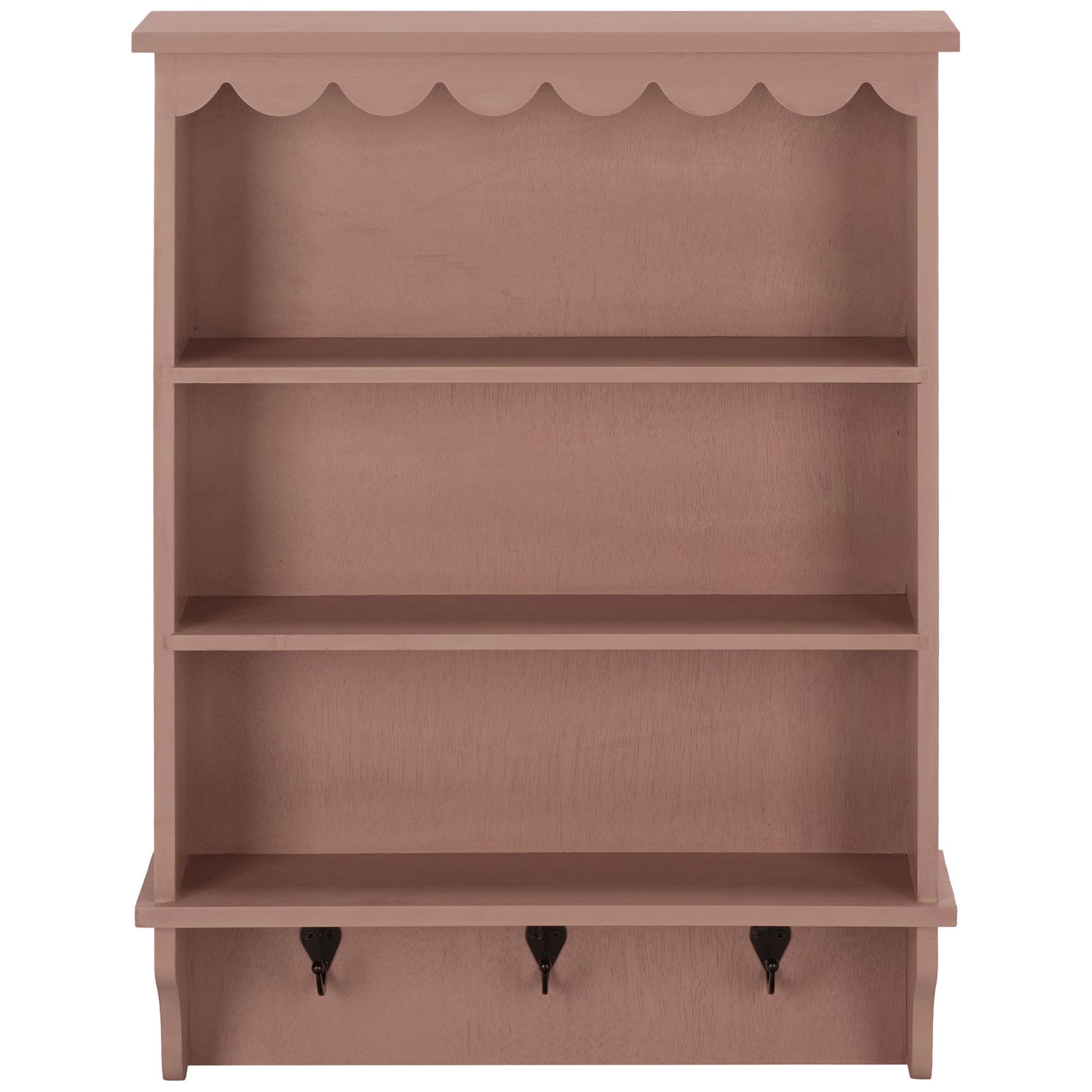 Blush pink wall rack adds three open shelves and three hooks beneath scalloped trim || STG5702E || front_studio