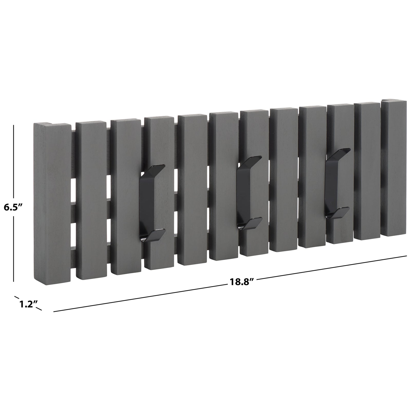 At 18.8 inches wide, 6.5 inches high and 1.2 inches deep, this gray rack keeps wall storage slim. || STG5704A || dimension_studio